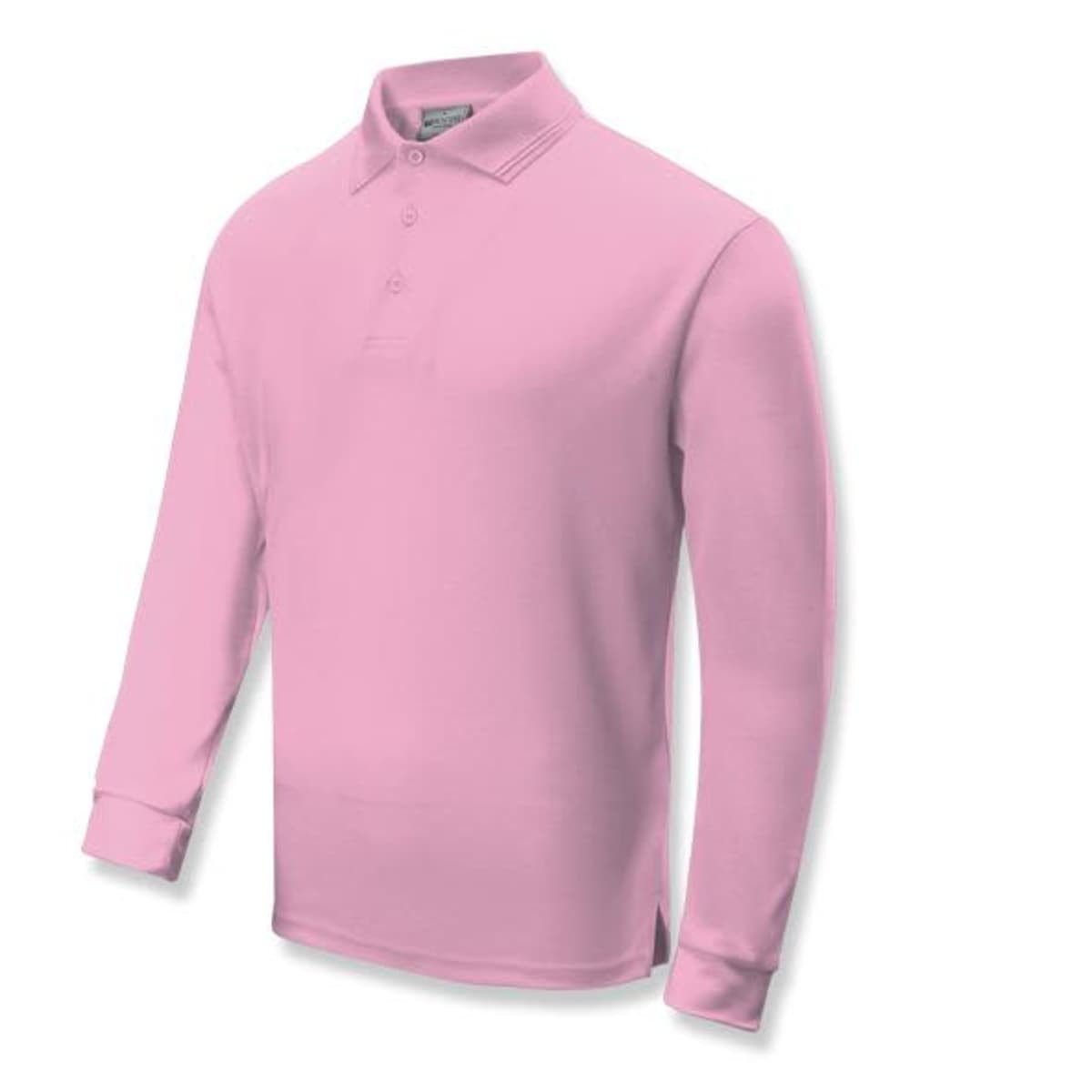 A pink unisex long sleeve polo shirt with a collar and a logo. Features a relaxed fit for comfort.