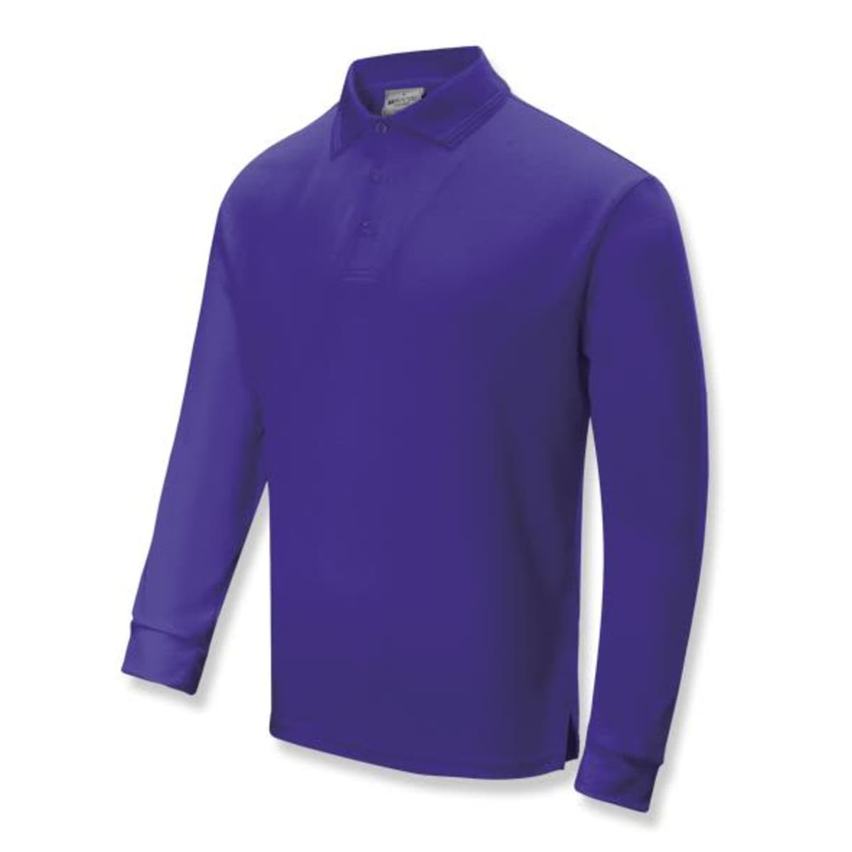 A purple unisex long sleeve polo shirt with a collar, featuring a logo on the front.