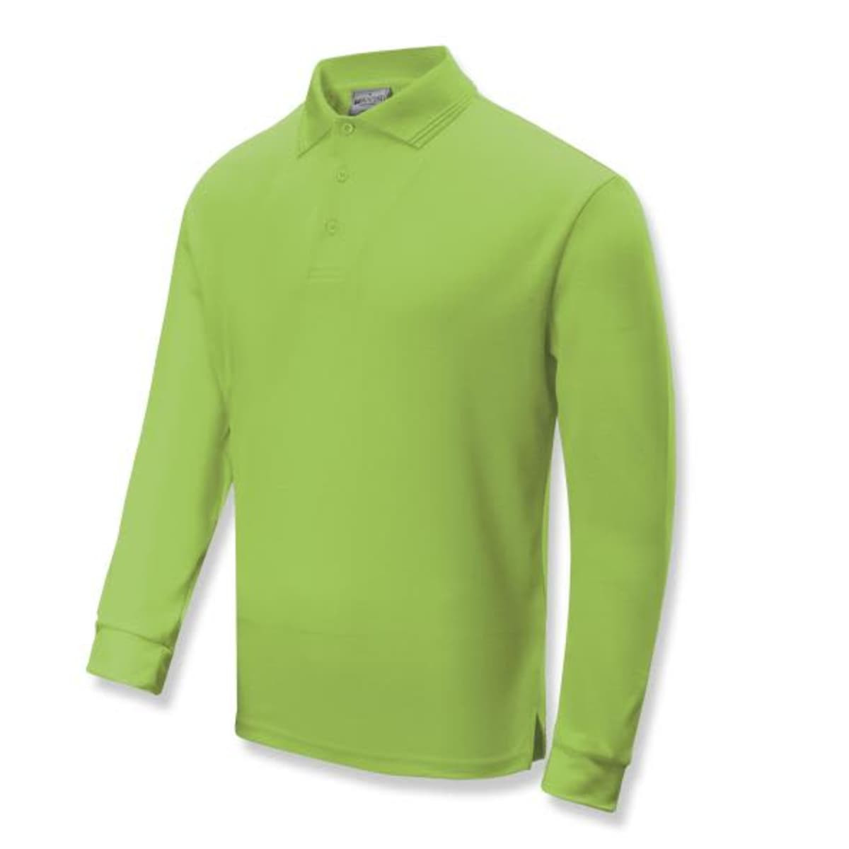 A long sleeve polo in bright lime green, featuring a collar and three buttons. It has a logo on the chest.