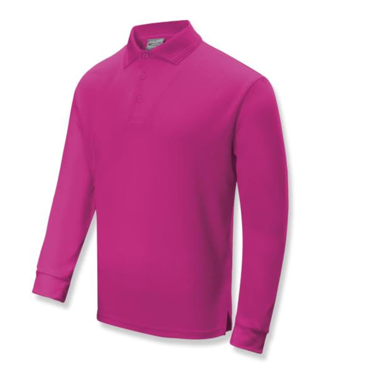 A long sleeve polo shirt in vibrant pink, featuring a collar and a logo on the chest area.