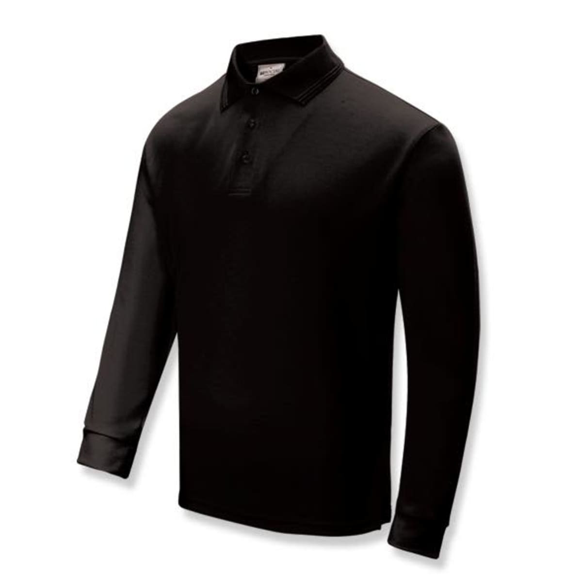 A black long sleeve polo shirt with a collar, featuring a logo on the chest.