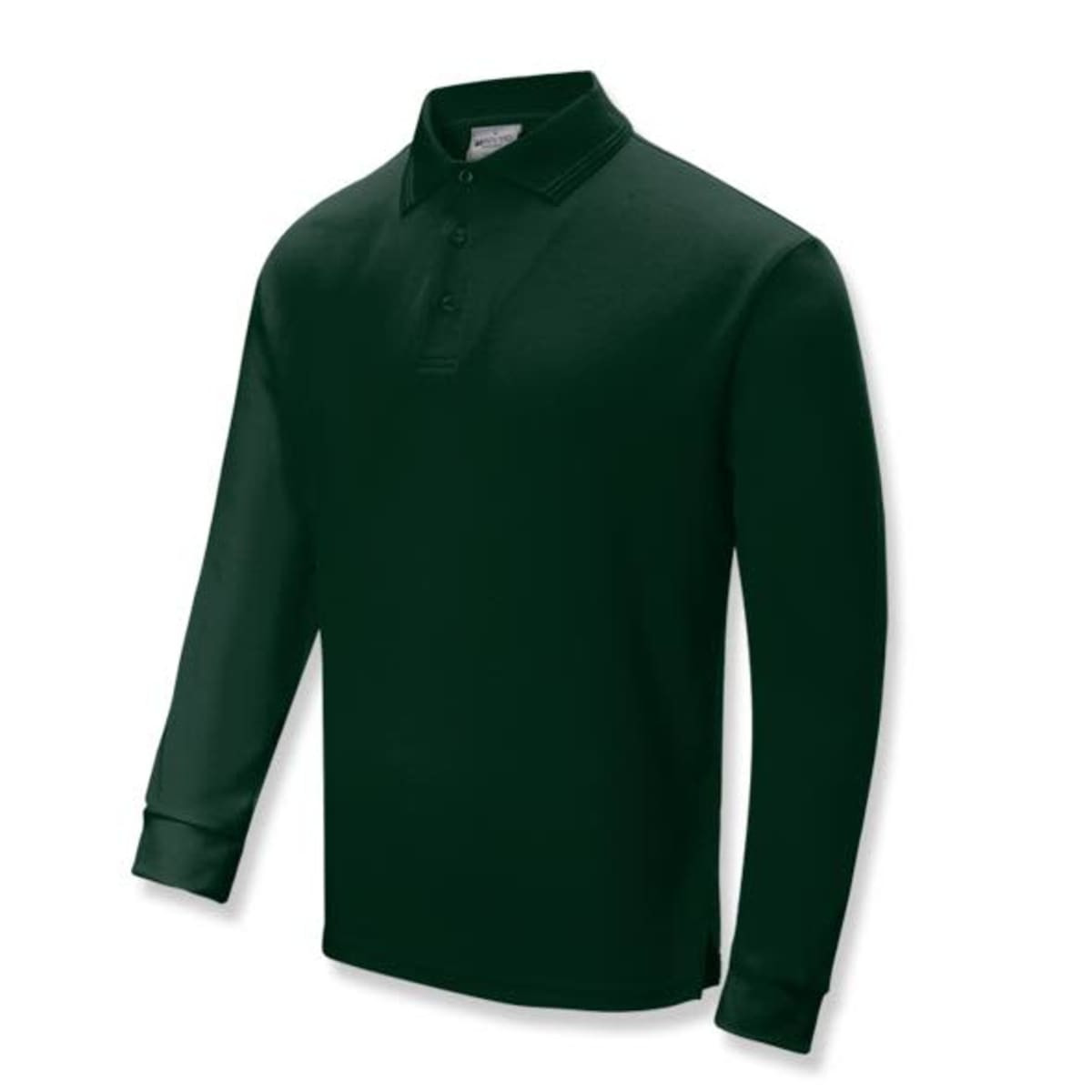 A dark green long sleeve polo shirt with a collar and button placket, featuring a branding logo.