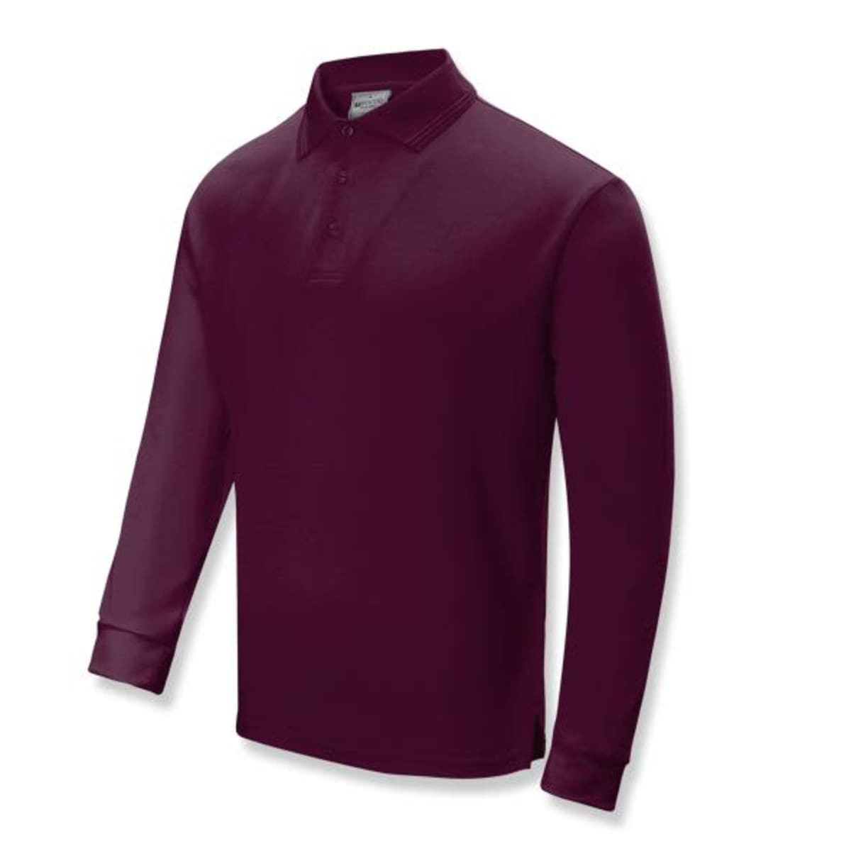 A long sleeve polo shirt in burgundy, featuring a collar and a logo on the chest.