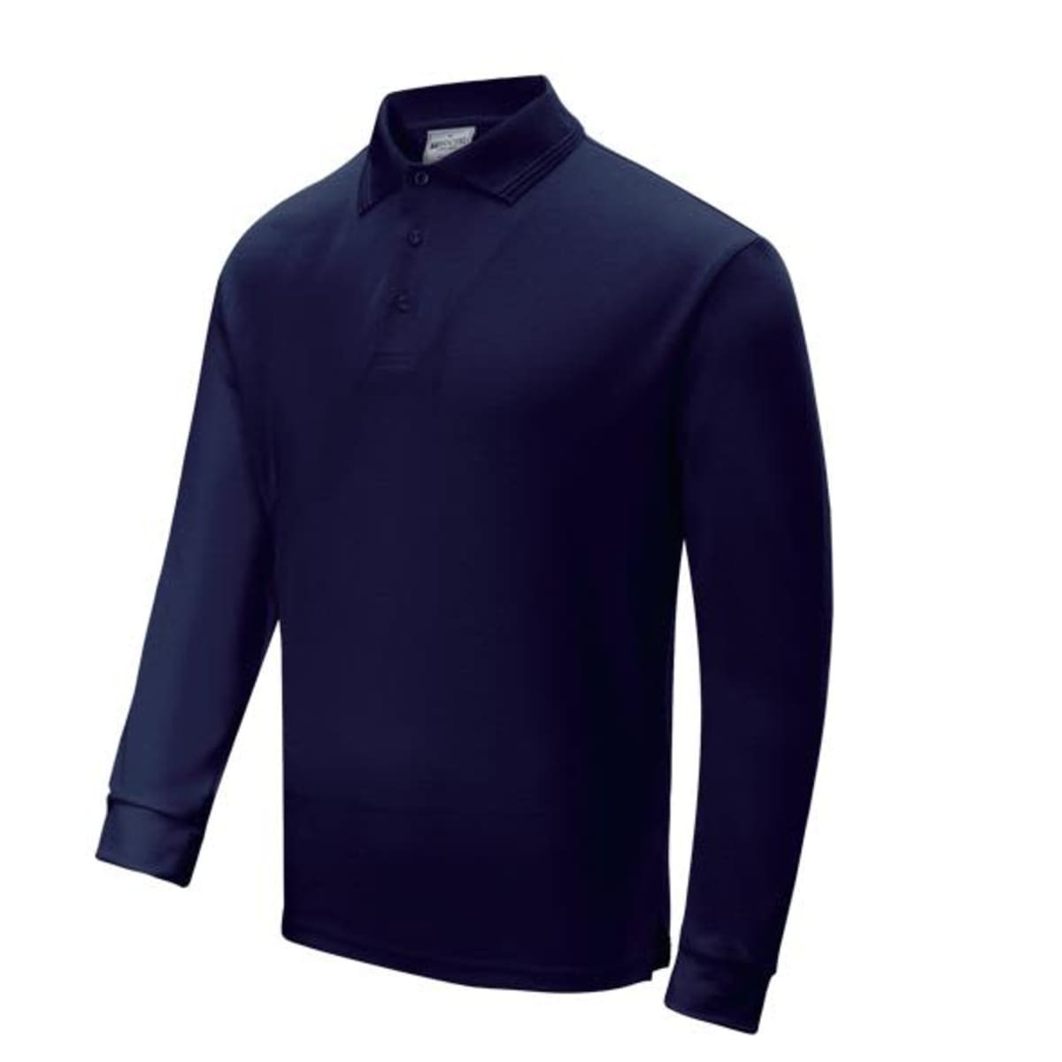 A long sleeve polo shirt in navy blue with a collar and three buttons, featuring a logo.