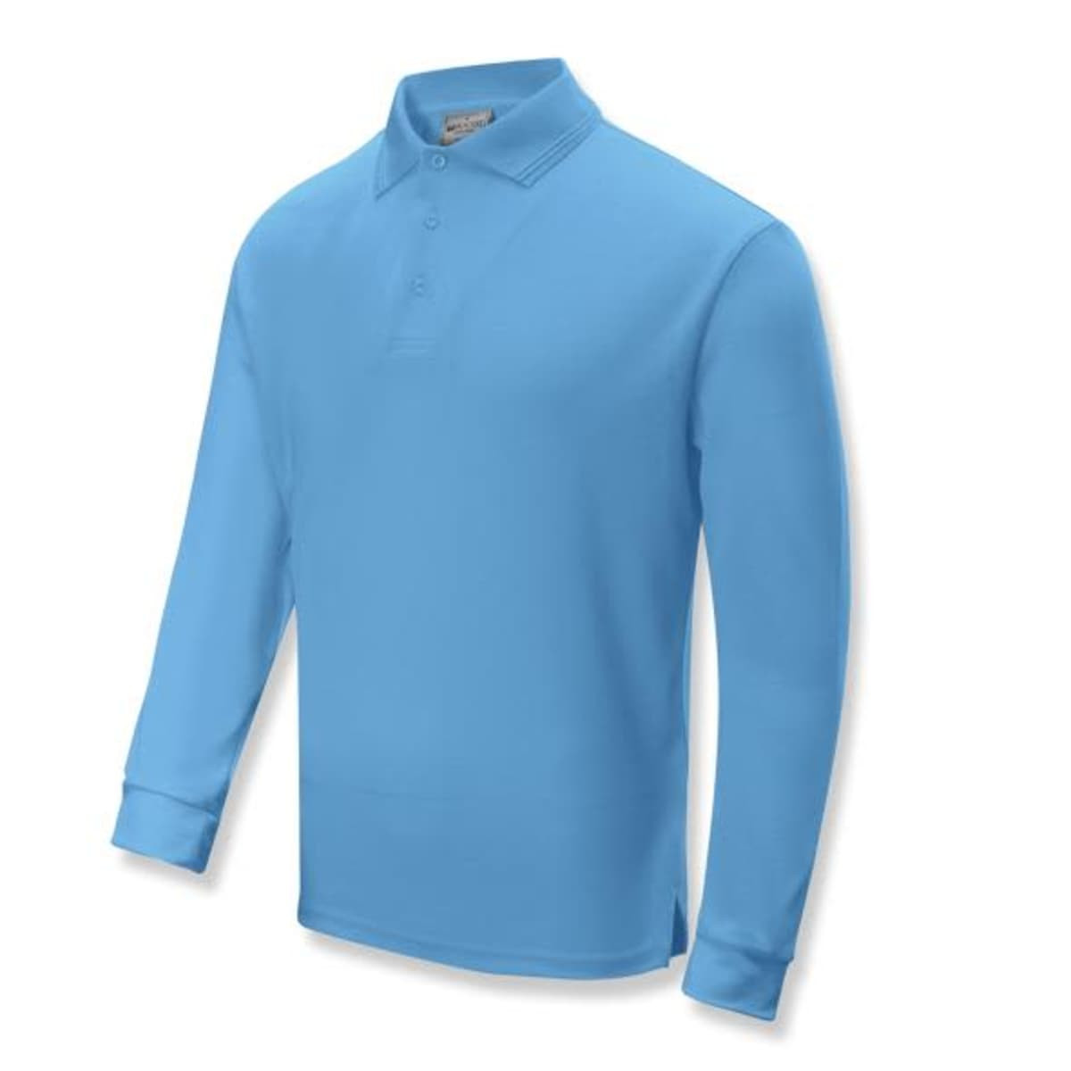 A light blue long sleeve polo shirt with a collar and buttons, featuring a logo on the chest.