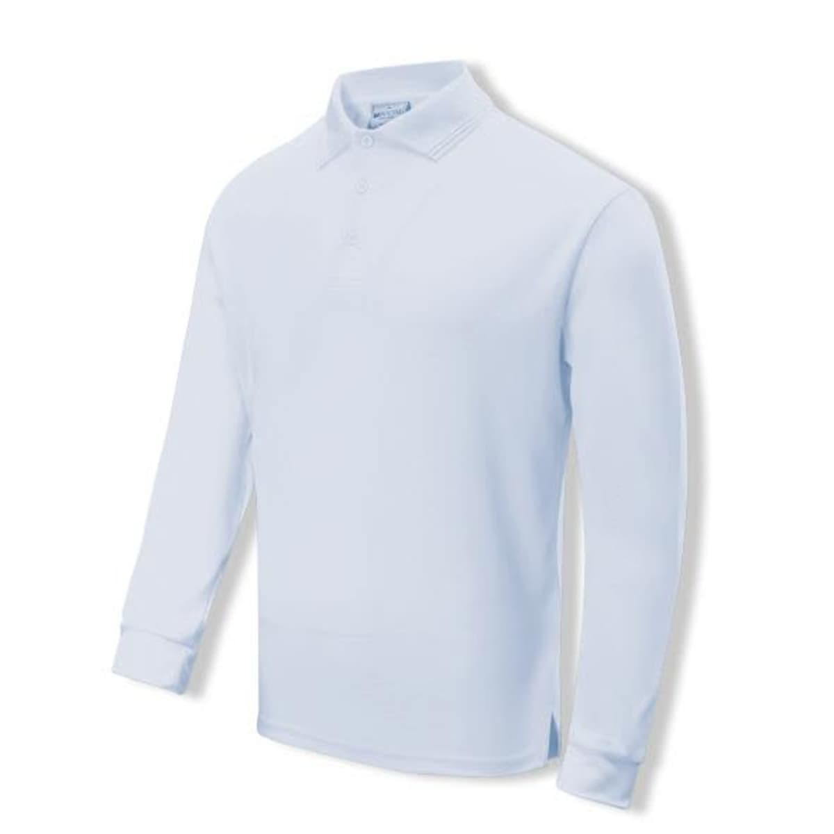 A light blue long sleeve polo shirt with a collar, featuring a logo on the chest area.