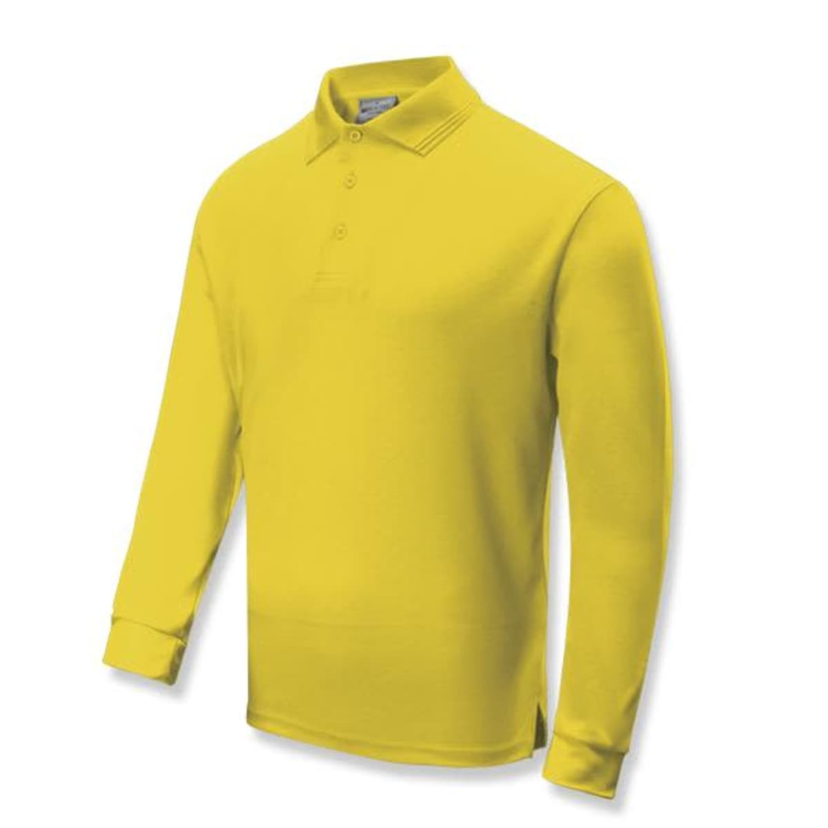 A long sleeve polo shirt in bright yellow, featuring a collar and a logo on the chest.