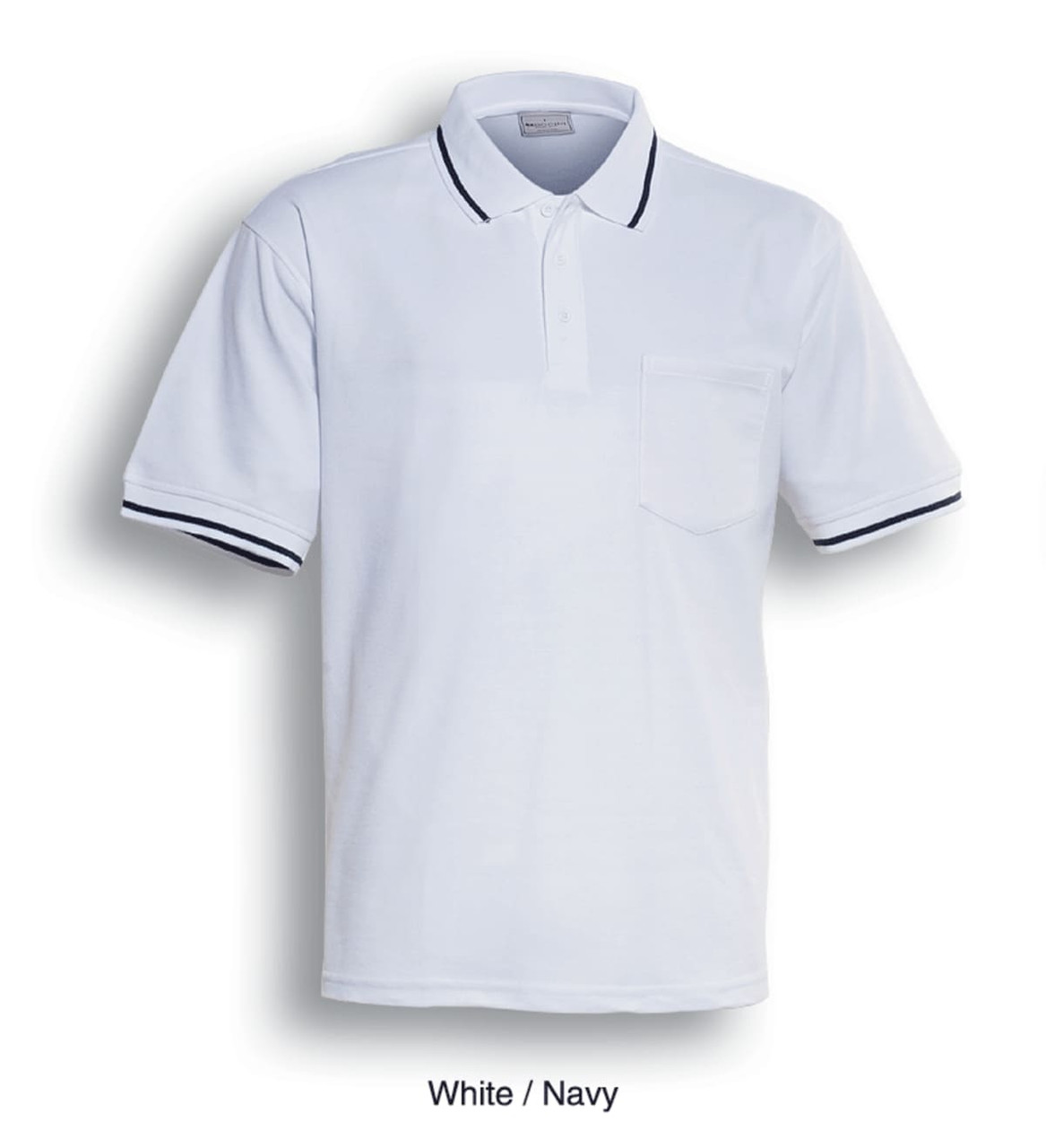 A white polo shirt with navy trim and a chest pocket, featuring a logo on the collar.