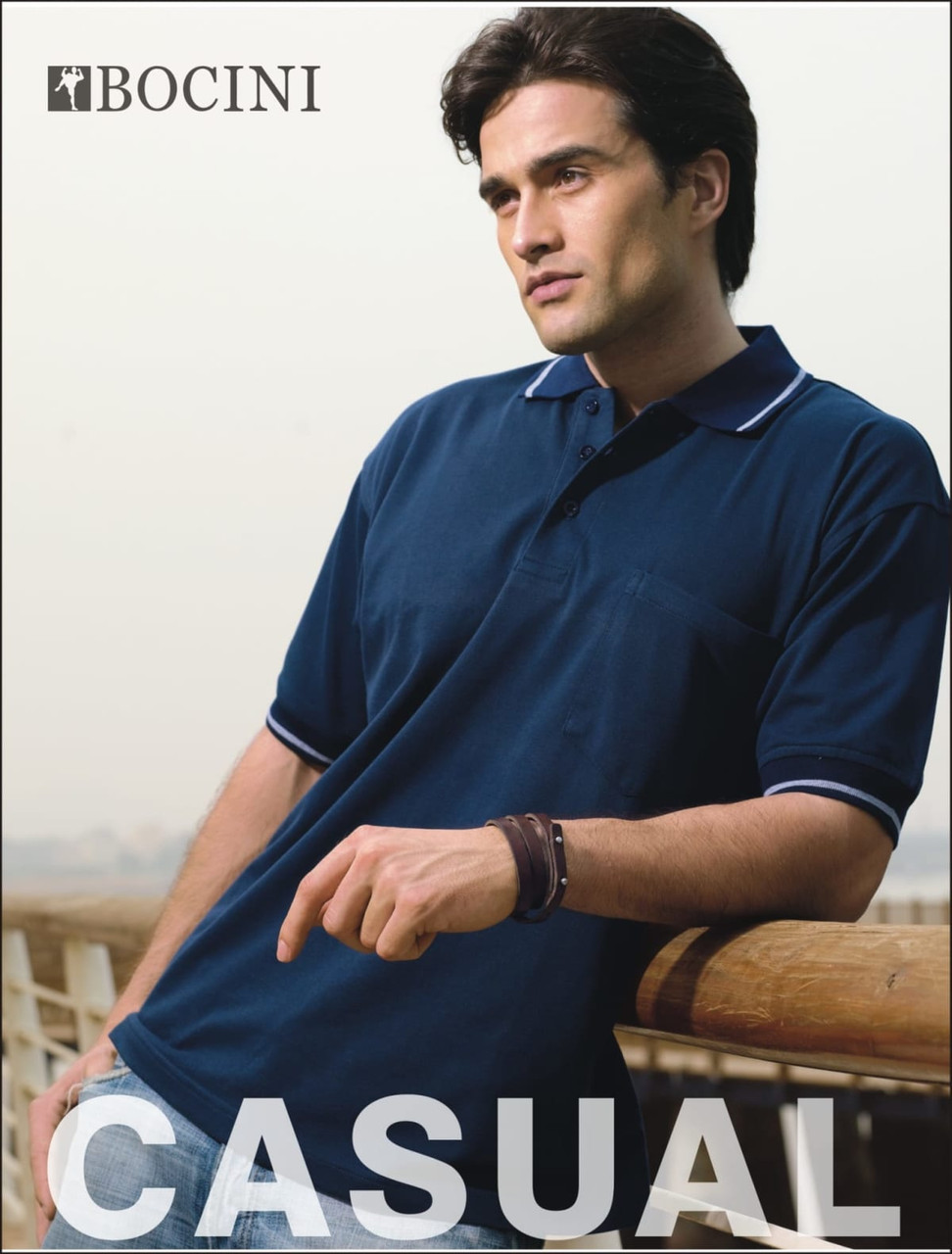 A navy blue unisex polo shirt with a logo, featuring a collar and a pocket.
