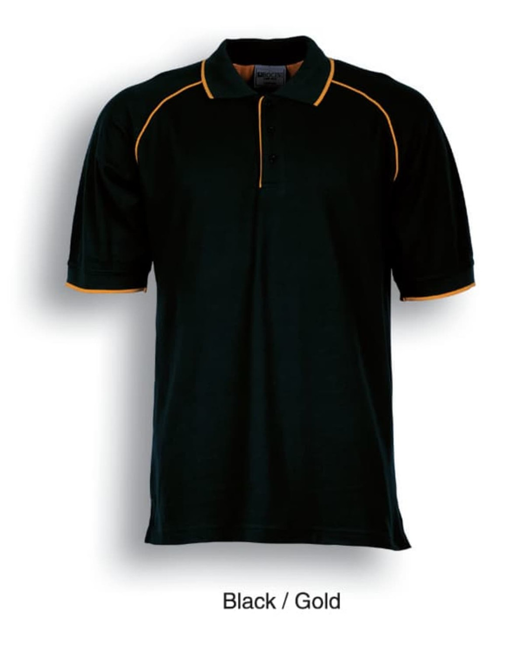A black and gold unisex adults raglan polo shirt with a collared neck and short sleeves. It features contrasting stitching and a logo.