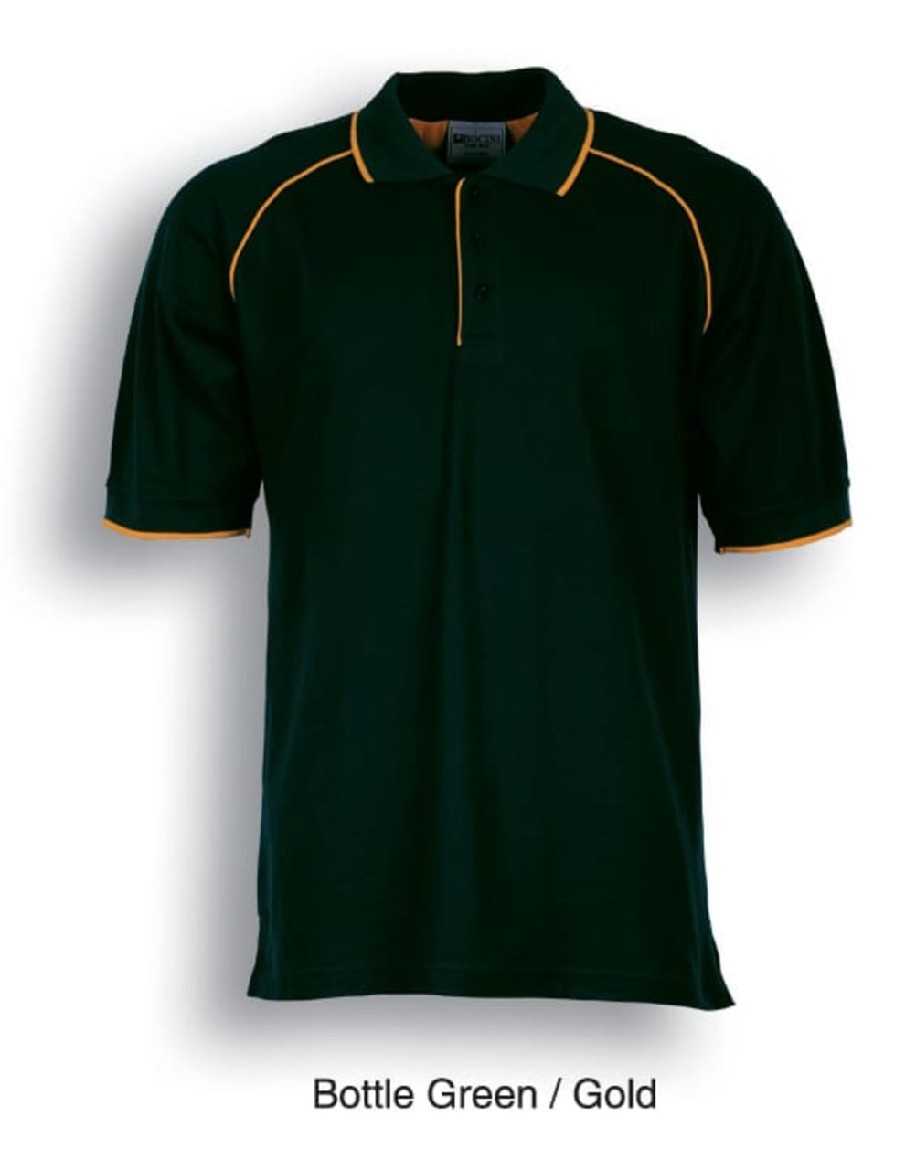 A bottle green polo shirt with gold accents and a logo on the chest.