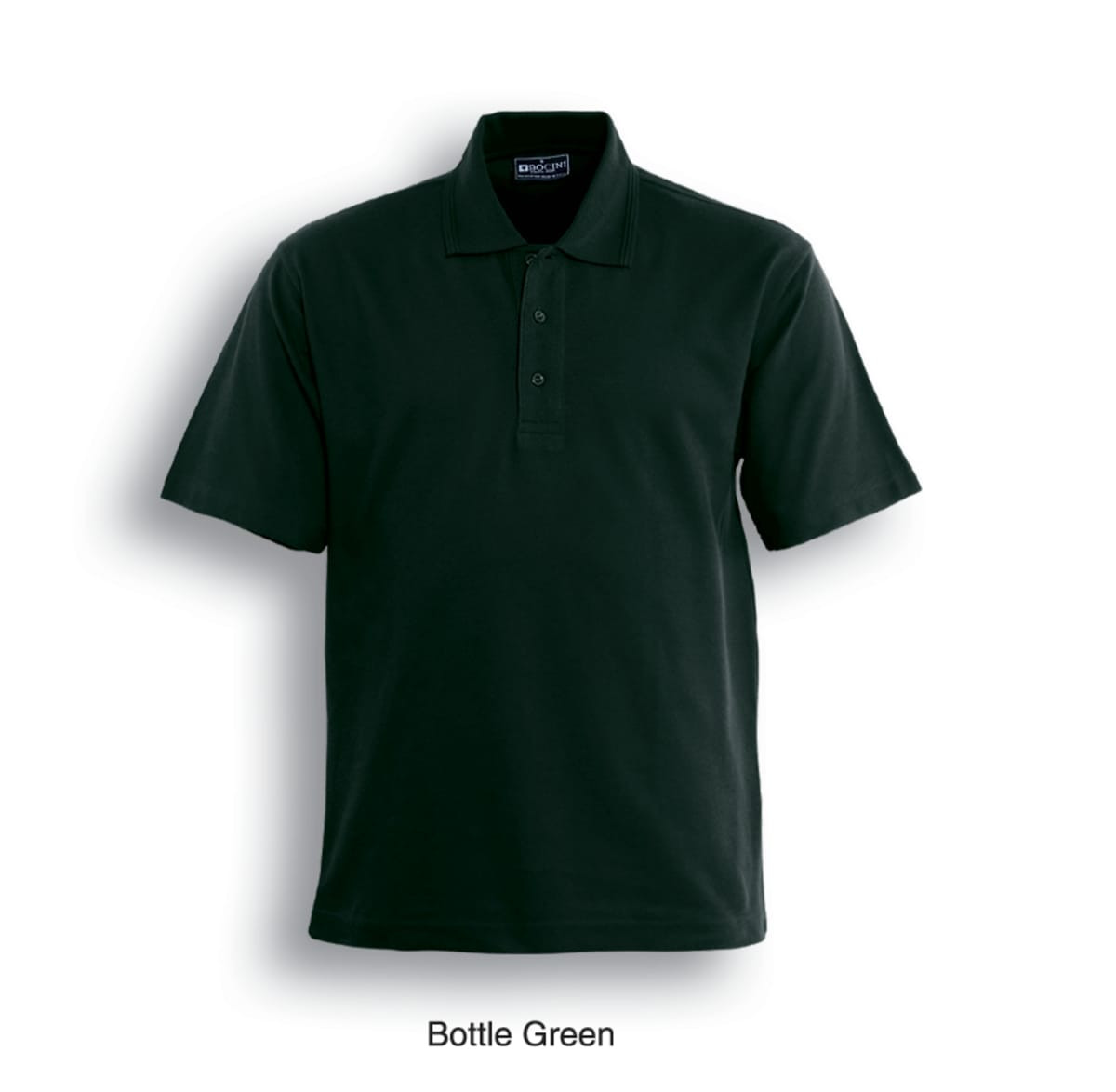A bottle green unisex polo shirt featuring a collar and short sleeves, with a branding logo.