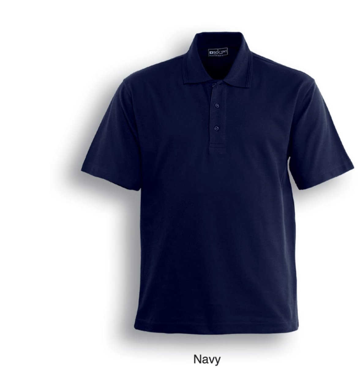 A navy unisex polo shirt with short sleeves and a collar, featuring a logo on the chest.