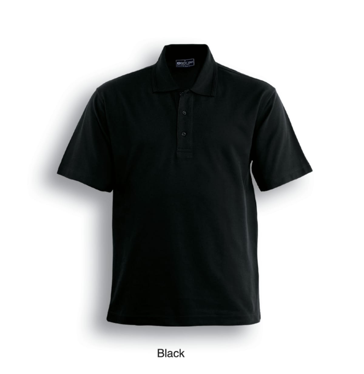 A black polo shirt featuring a classic collar and short sleeves, with a logo on the chest area.