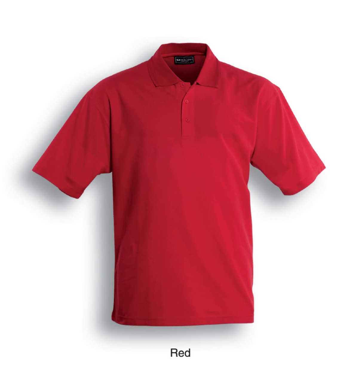 A red kids' basic polo shirt with a collar and short sleeves. It has a logo on the front.