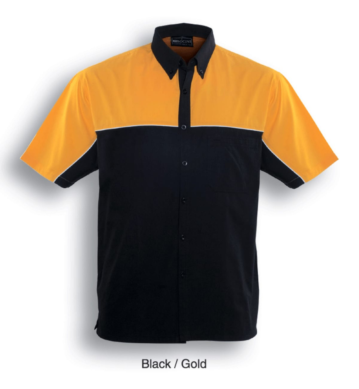 A short-sleeved button-up shirt in black and gold with a contrasting design and a logo on the chest.