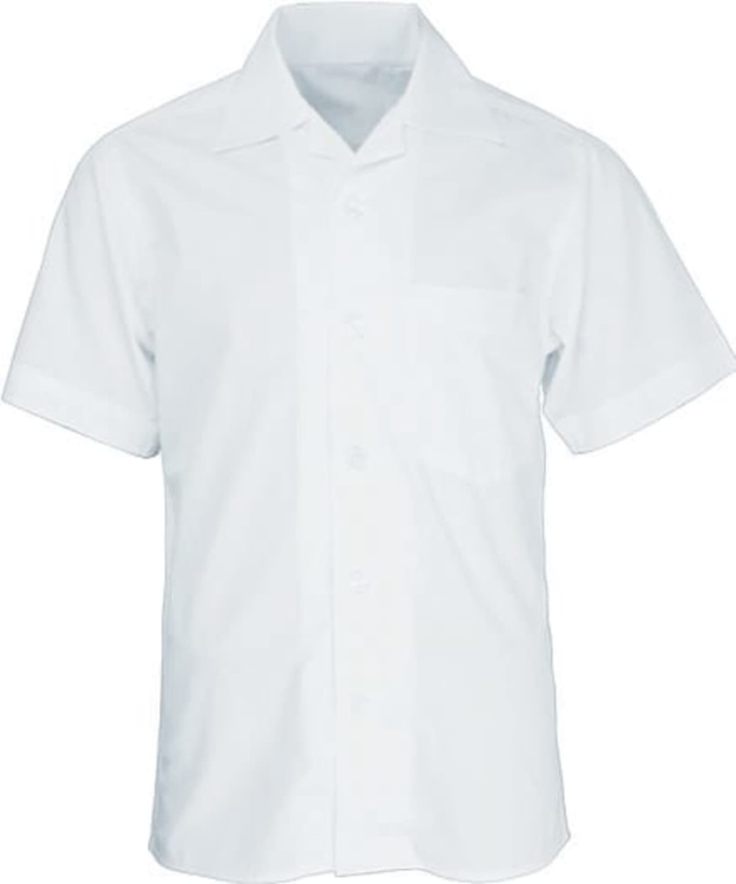 A white short sleeve school shirt featuring a pointed collar and a chest pocket, with a logo on it.