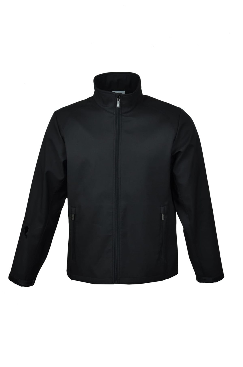 A men's soft shell jacket in black featuring a full-length zipper and side pockets. It has a logo on the sleeve.