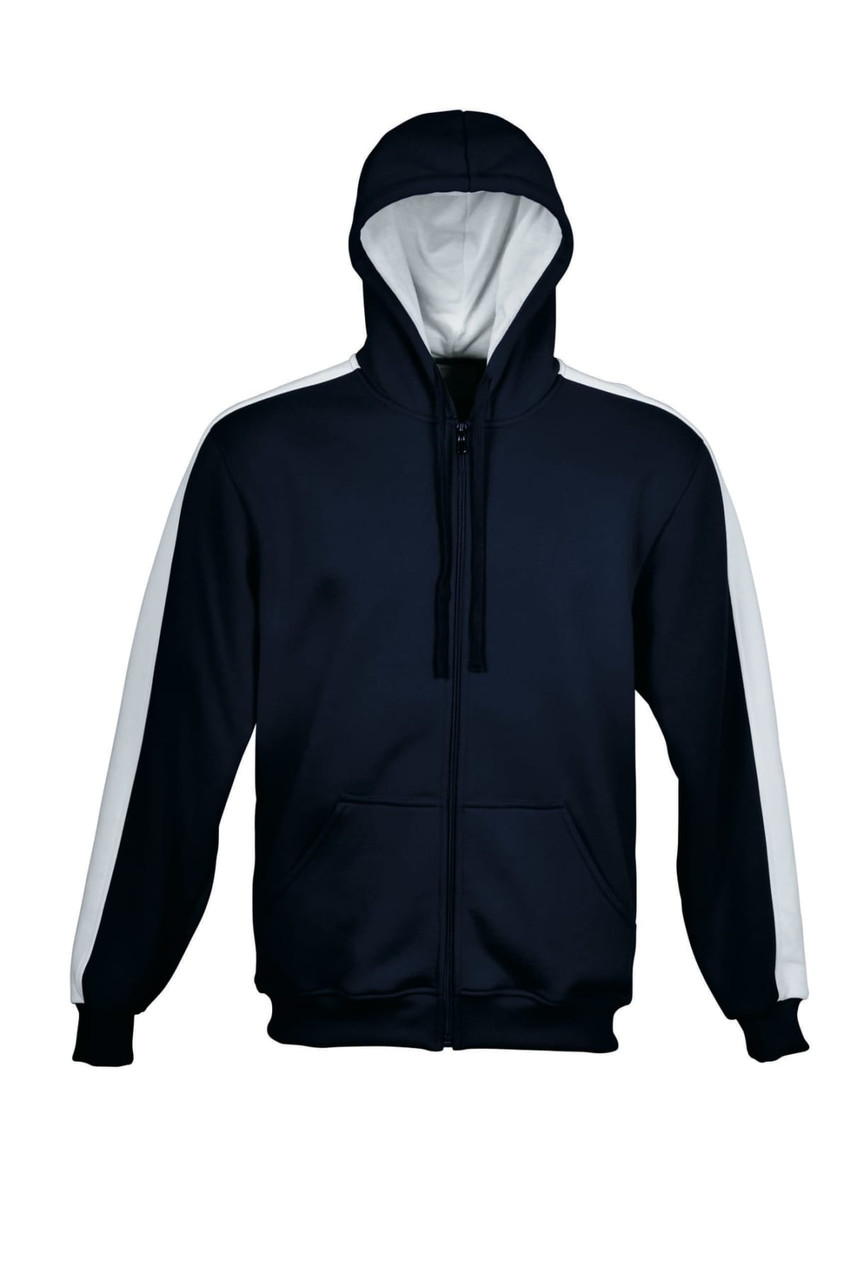 A unisex adults contrast fleece zip-through hoodie in navy with white accents, featuring a front pocket and a hood.