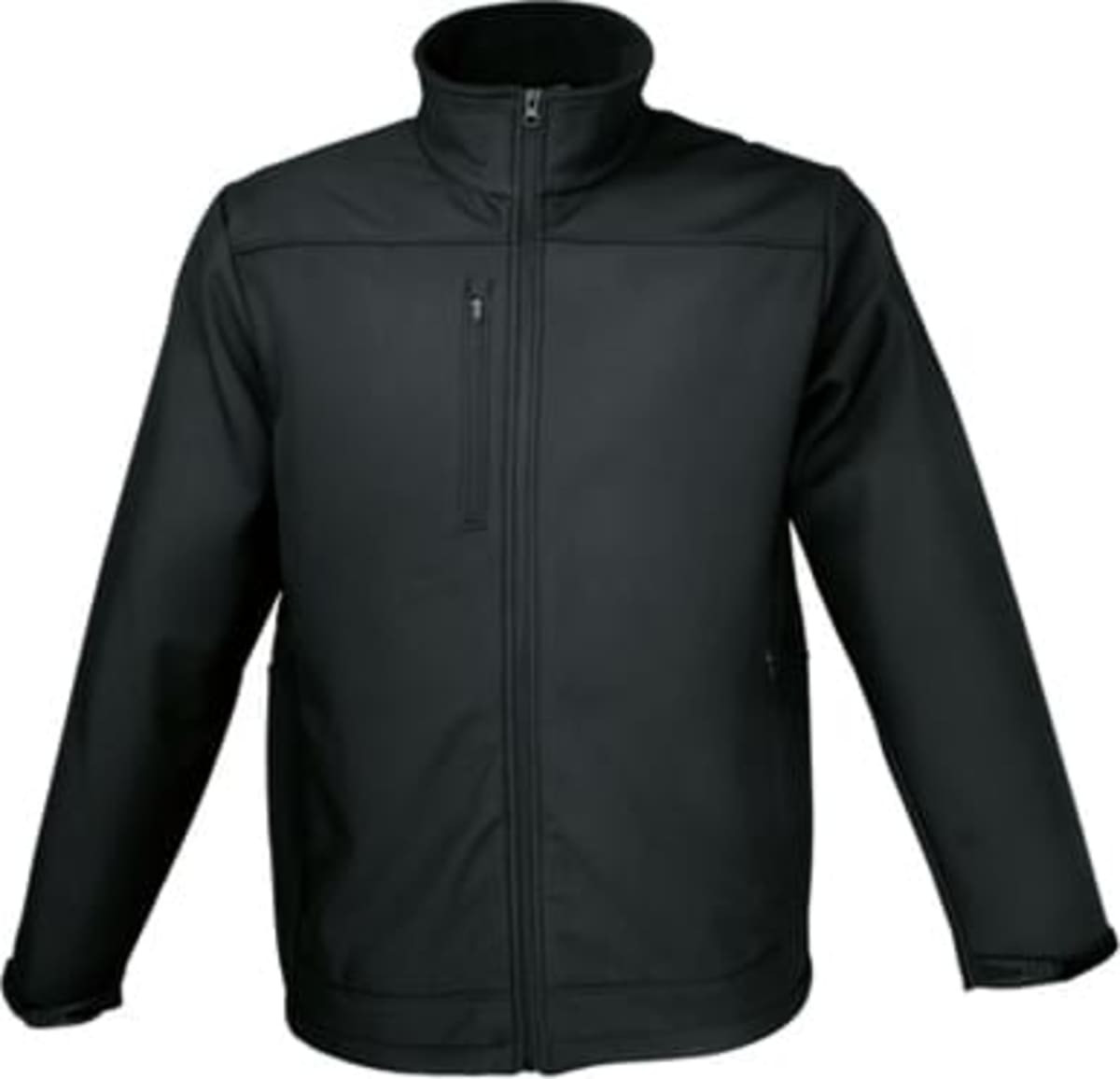 A soft shell jacket in black with a zippered front and a high collar. It features a logo on the side.
