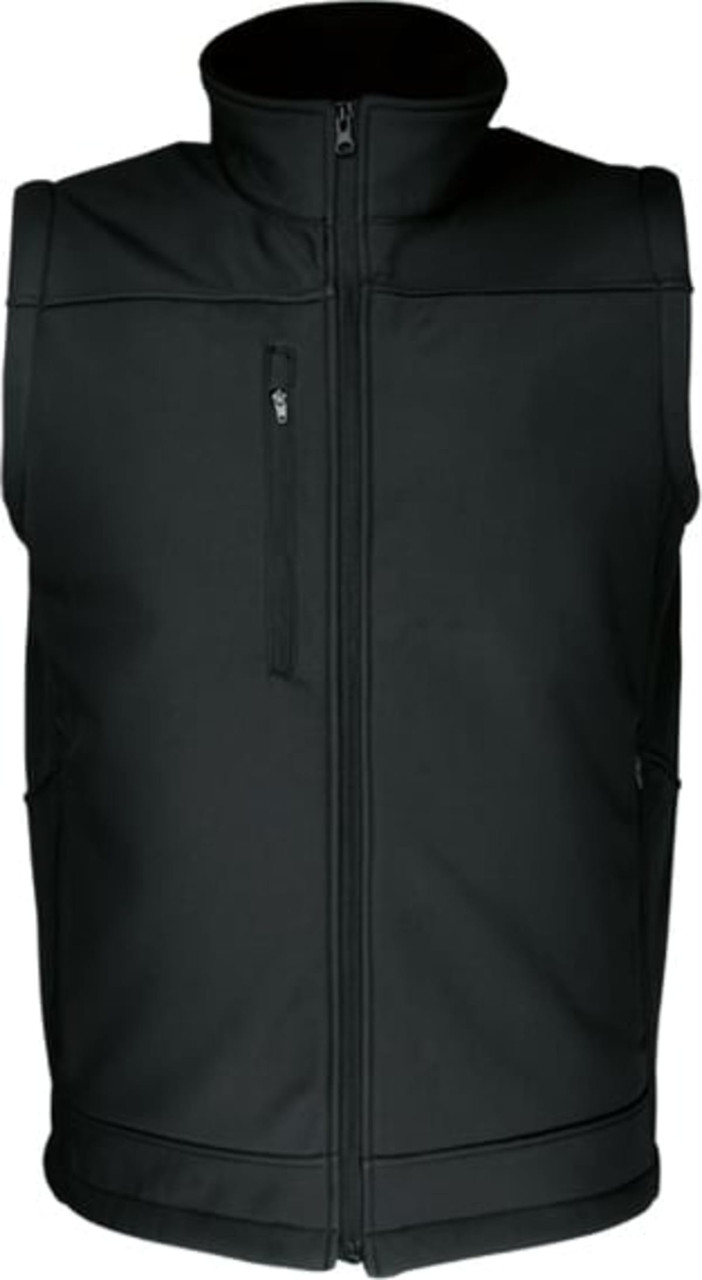 A black men's ripstop softshell vest featuring a zip front and side pockets, with a logo on the chest.