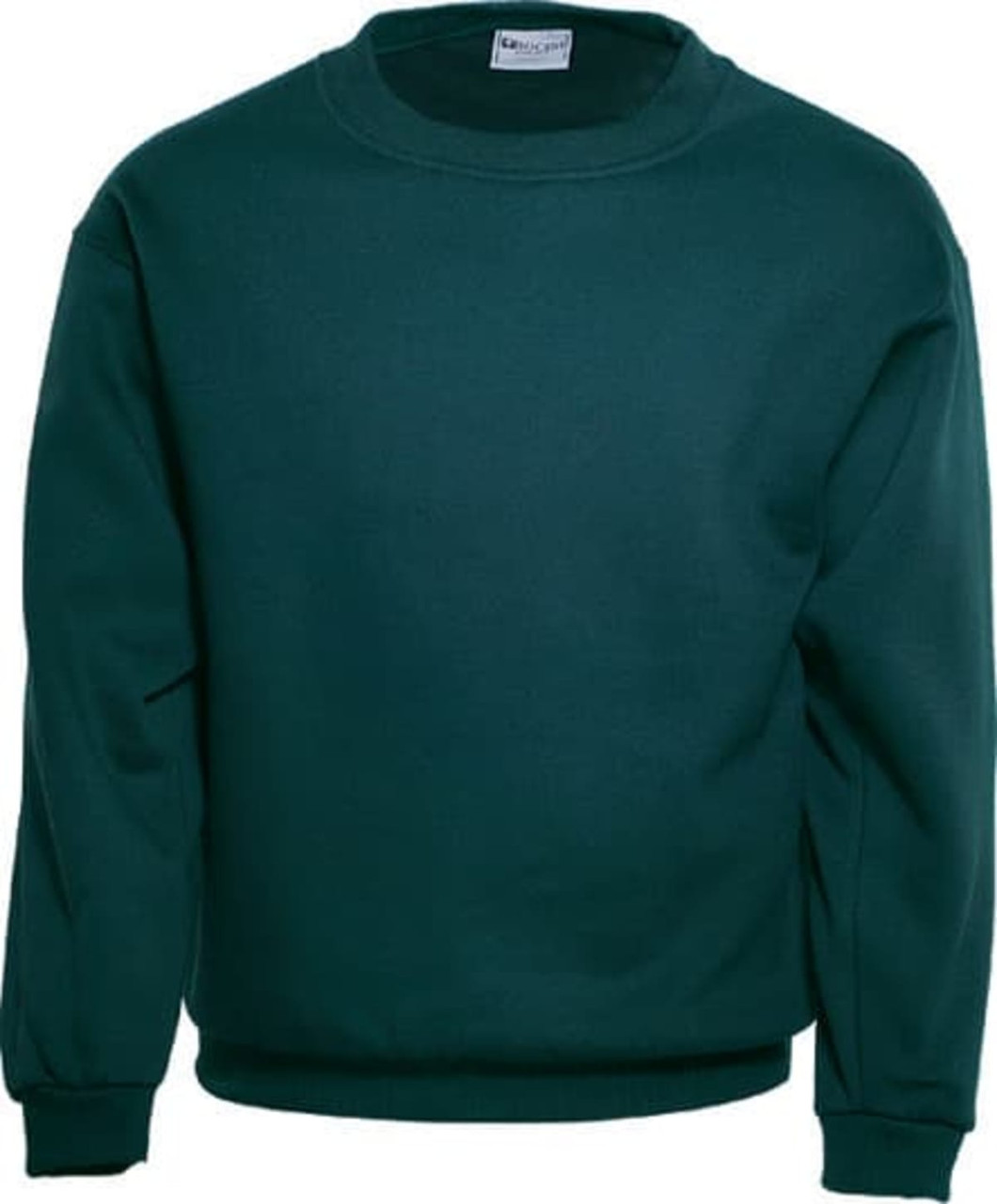 A green crew neck fleece jumper with ribbed cuffs and hem, featuring a branding label on the inside neckline.