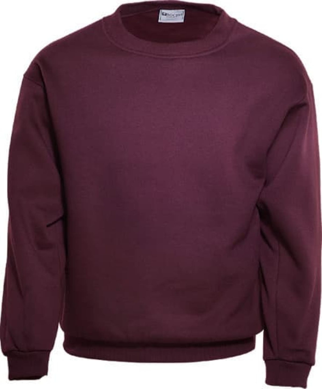 A maroon crew neck fleece jumper with long sleeves and a round neckline. It features a branding logo.