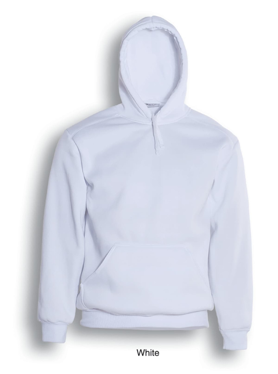 A white kids' pull-over hoodie featuring a front pocket and a hood, with a branding logo.