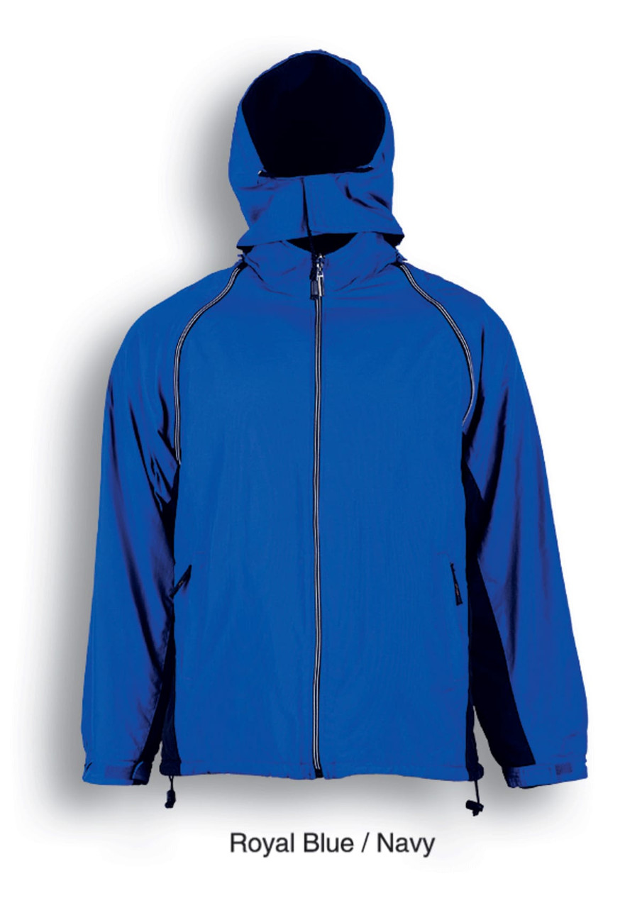 A unisex three-in-one jacket in royal blue and navy, featuring a hood and zippered pockets. It has branding details.