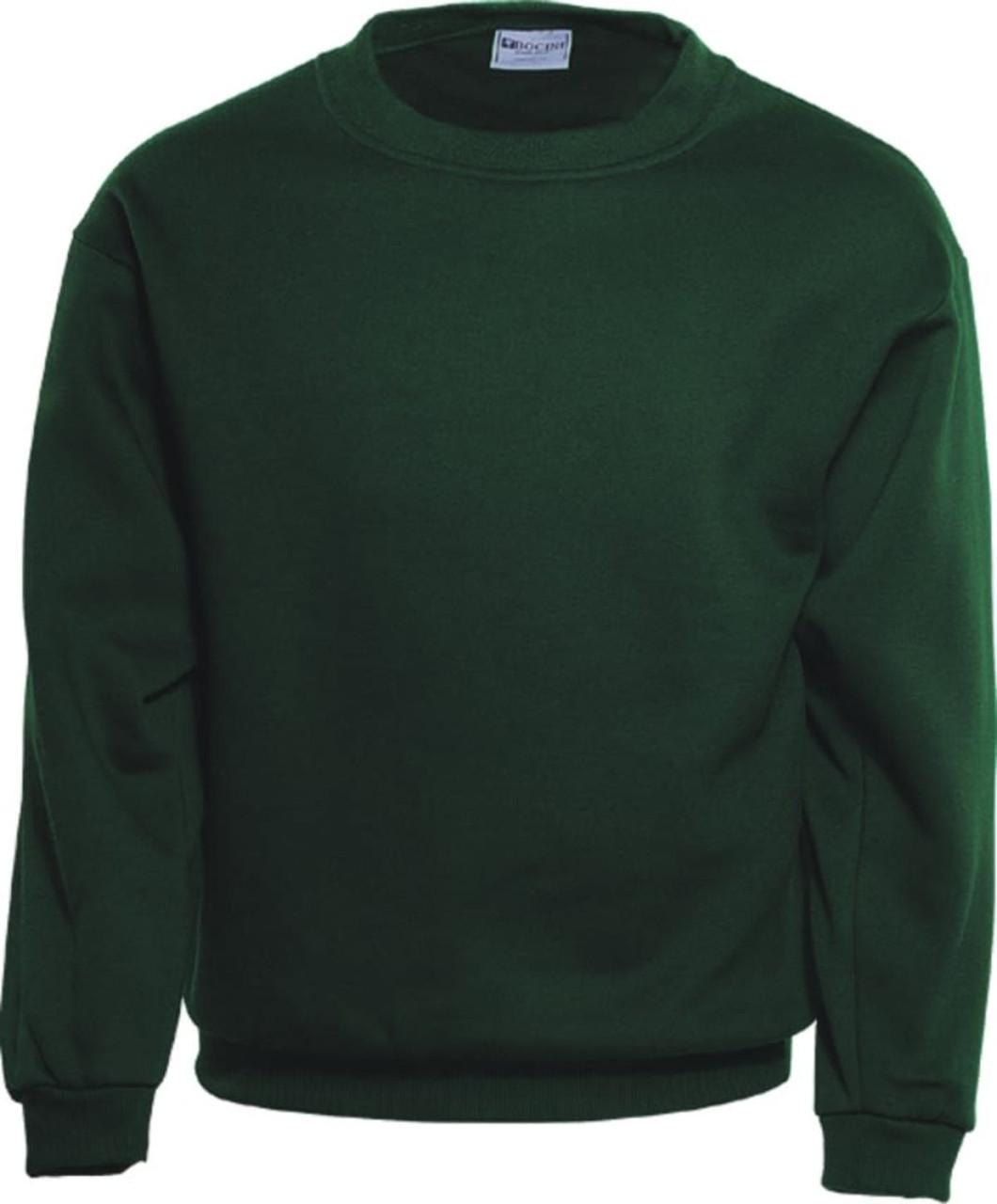 A unisex crew neck fleece jumper in dark green with long sleeves and a simple design. It has a logo on the label.