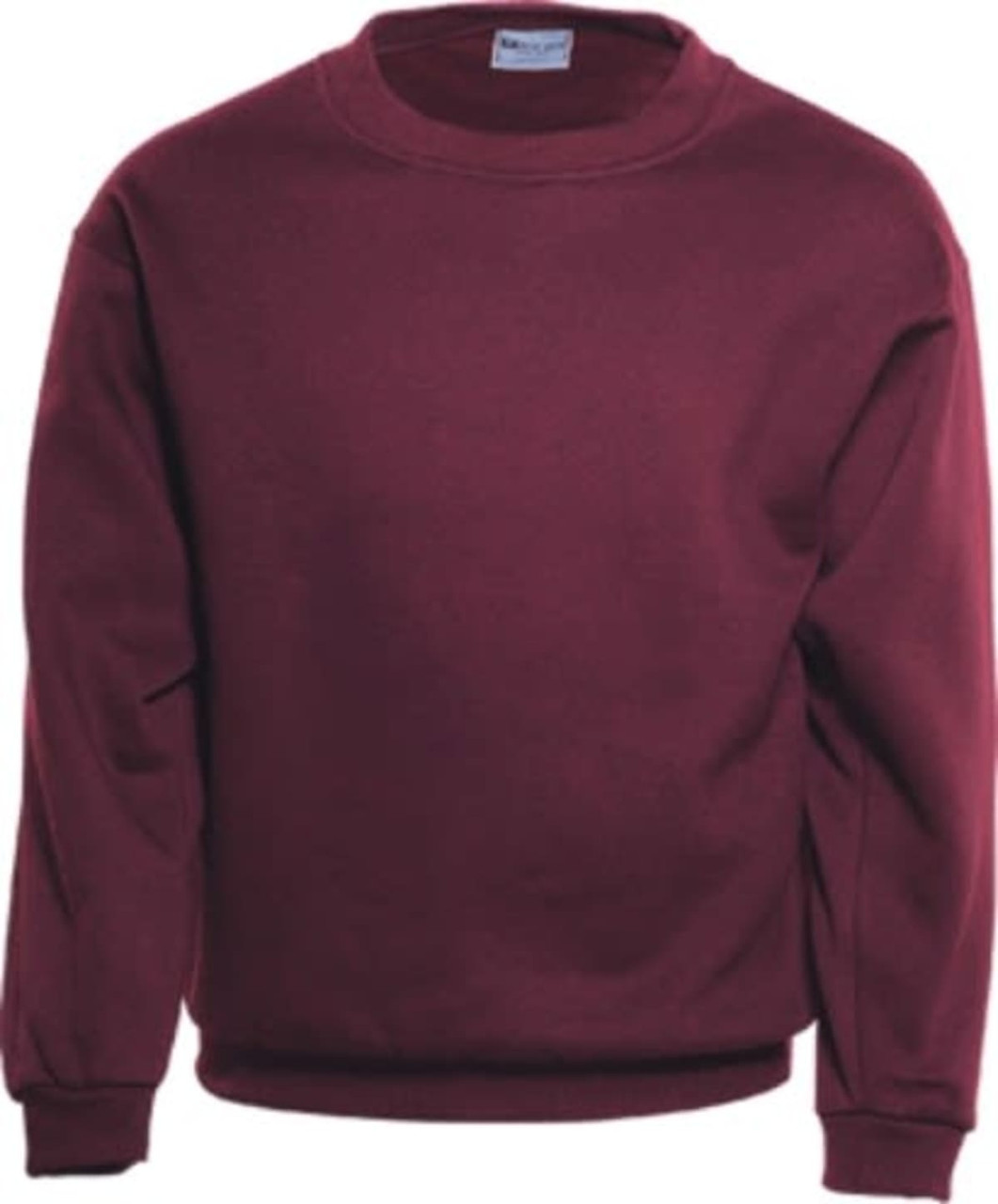 A maroon unisex crew neck fleece jumper featuring long sleeves and a logo on the label.