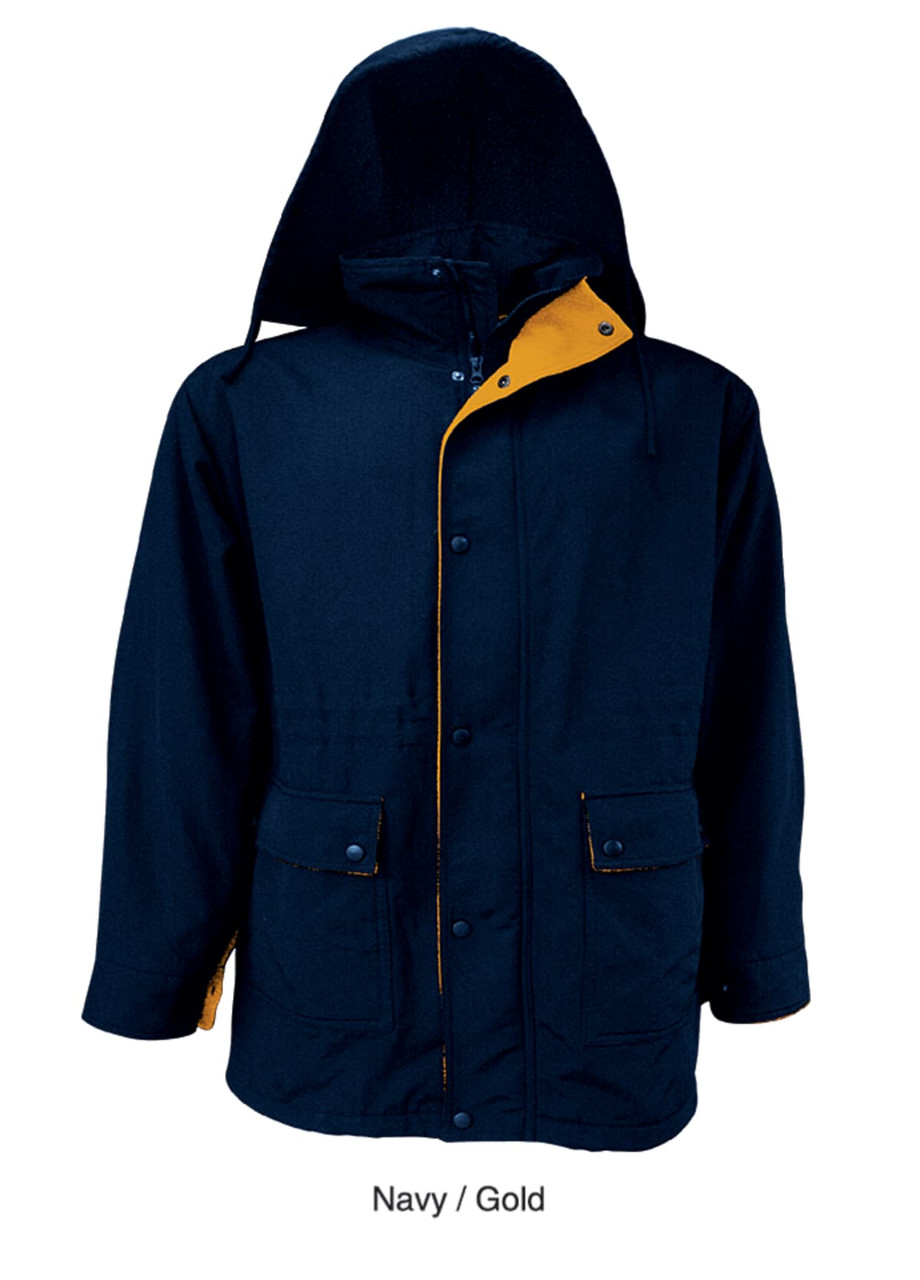 A navy jacket with a gold interior, featuring a hood and front pockets. Includes a logo.