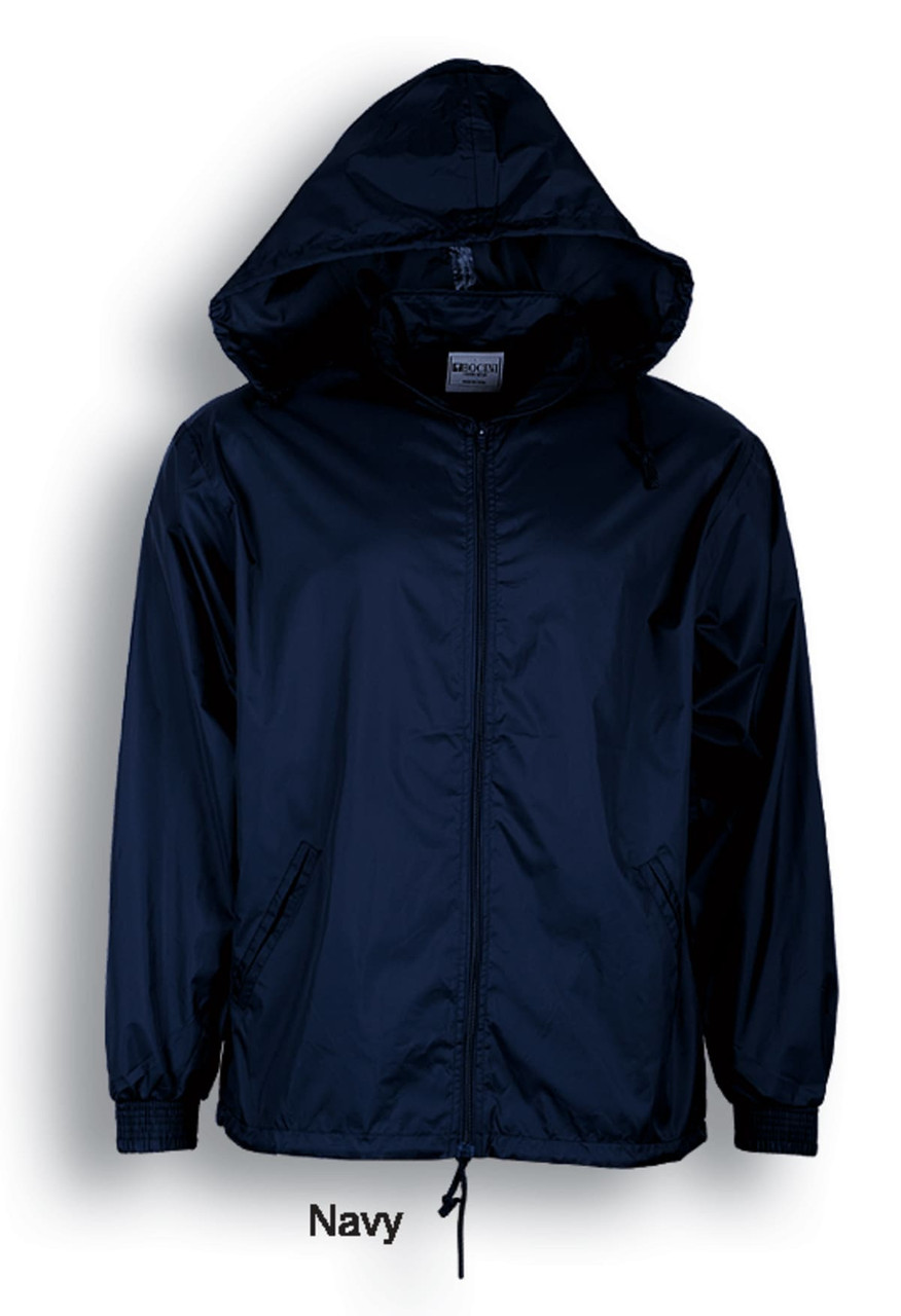 A navy kids' yachtsman jacket with a hood, featuring a zip front and side pockets. It has a brand logo.