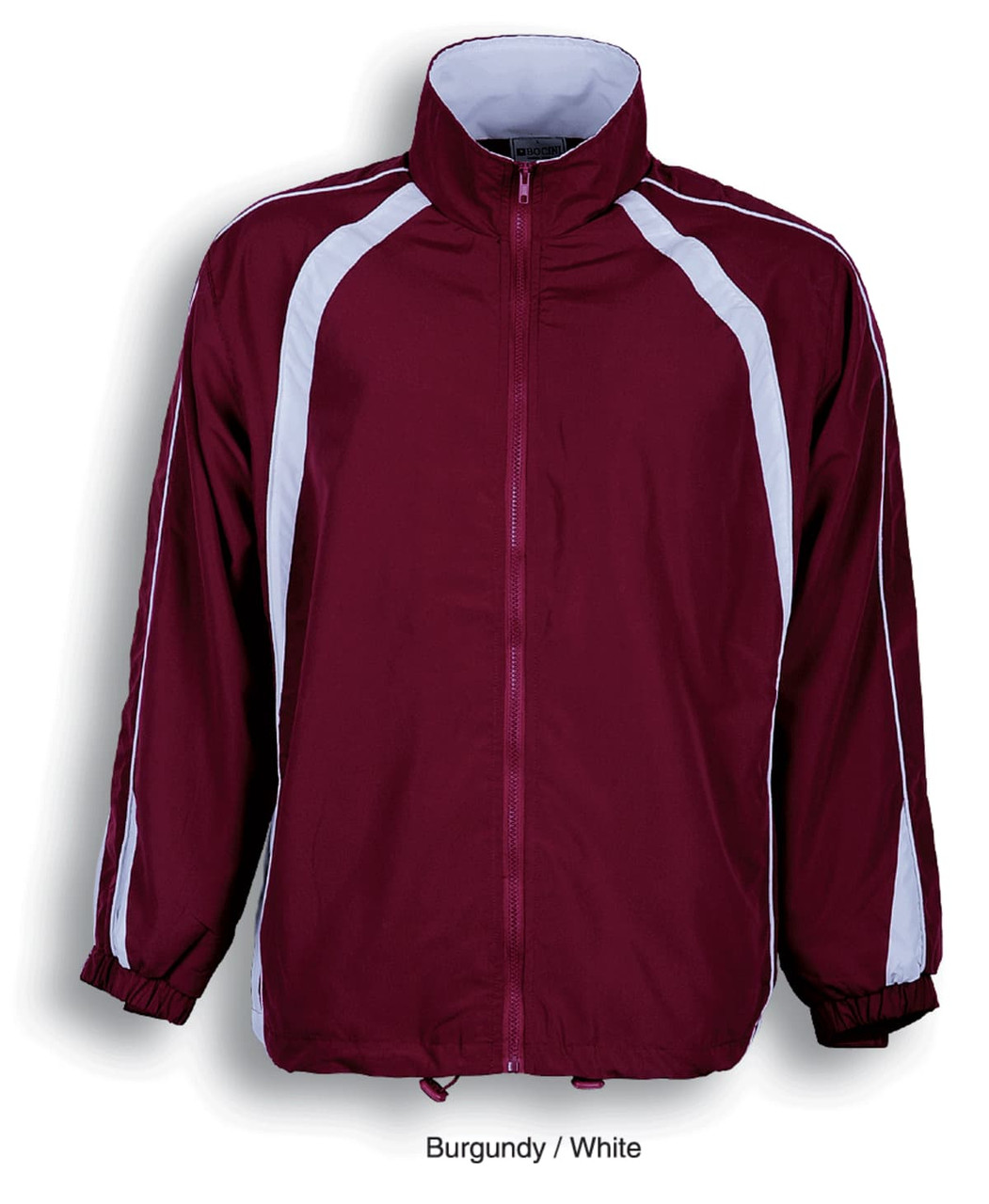 A burgundy and white unisex adults track suit jacket with poly cotton lining and a logo.