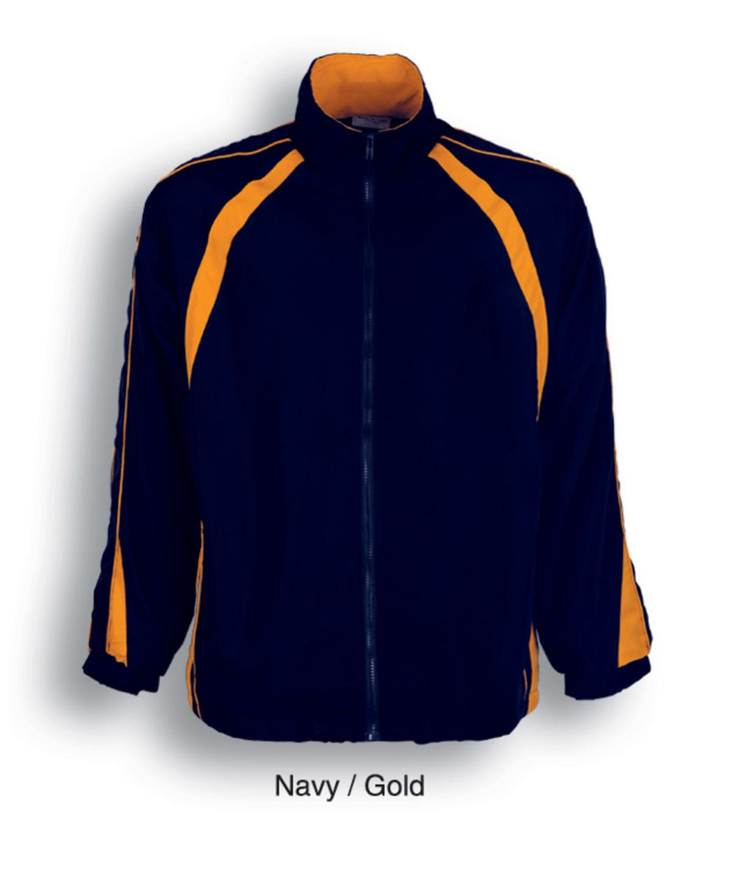 A navy and gold kids track suit jacket with contrast panels and a zip-front closure. Features a logo on the chest.