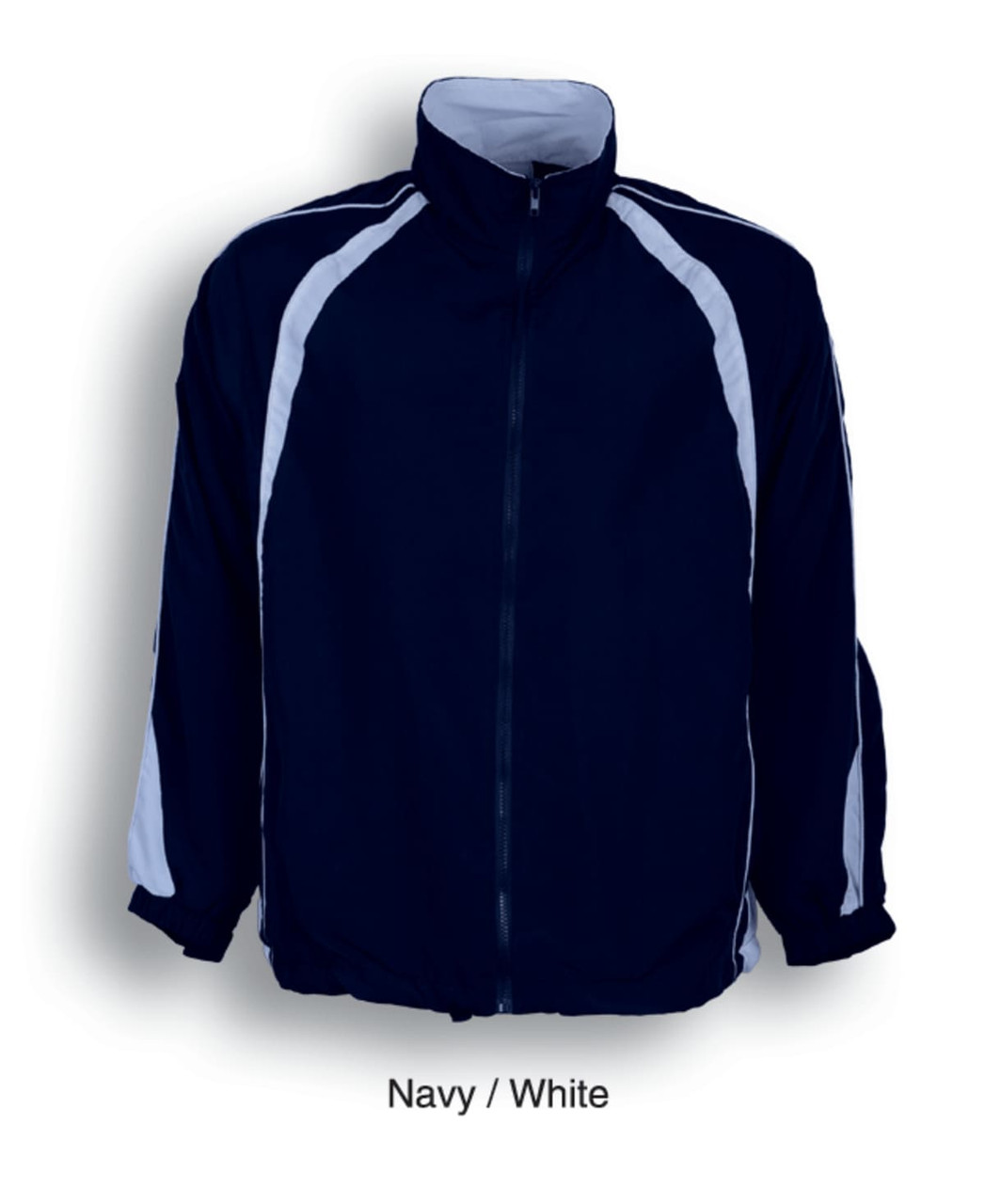 A navy and white kids track suit jacket with contrast panels and a zip front. It features a logo on one side.