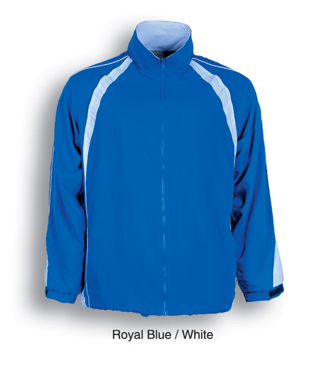 A royal blue and white track suit jacket featuring contrast panels and a collar. It has a logo on the chest.