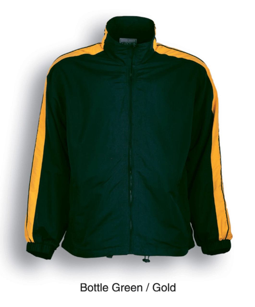 A bottle green track suit jacket with gold accents and a zip front, featuring an elasticated waistband and cuffs.