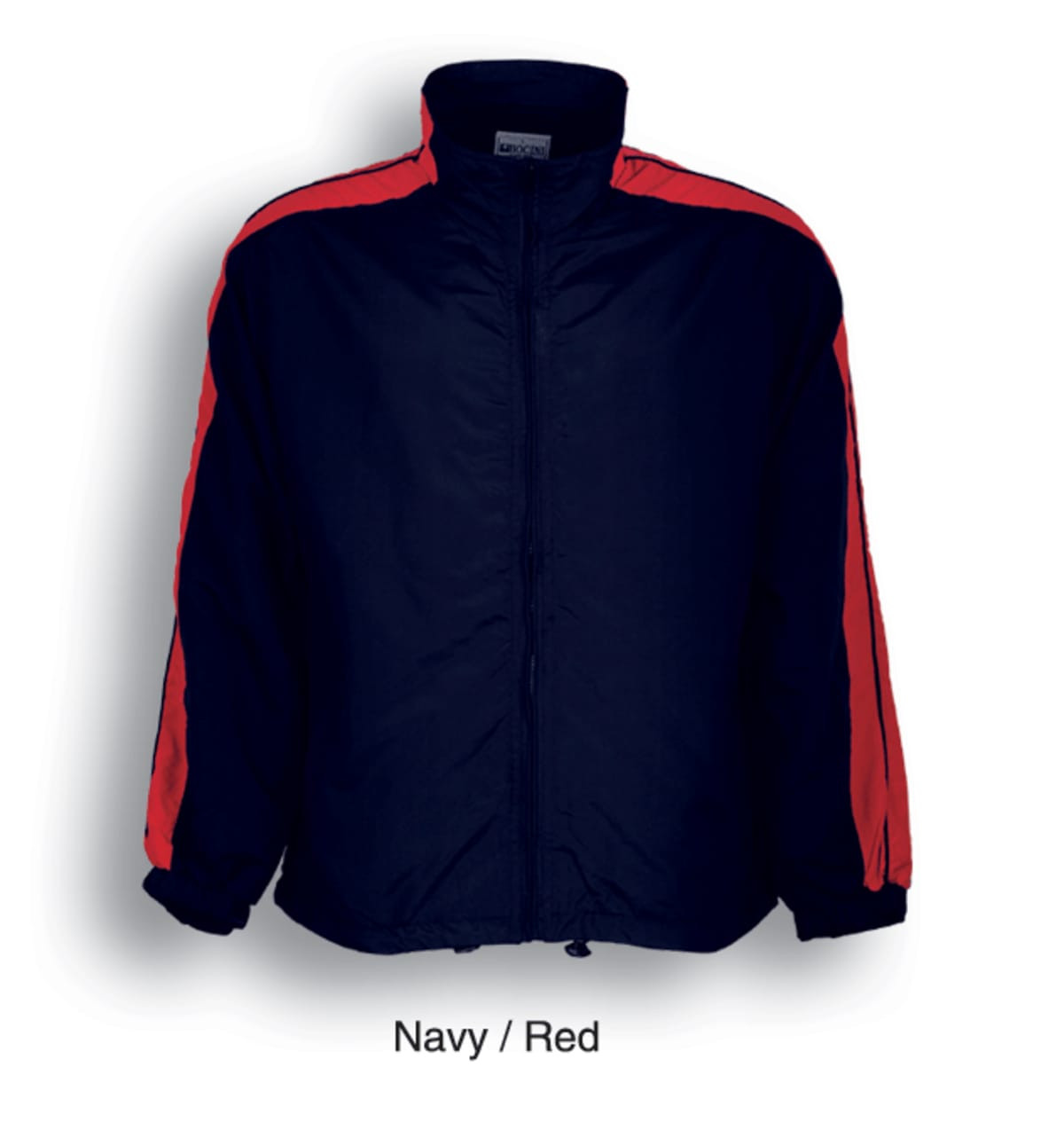 A navy and red unisex adults track suit jacket with a full zip and a collar, featuring logo branding.