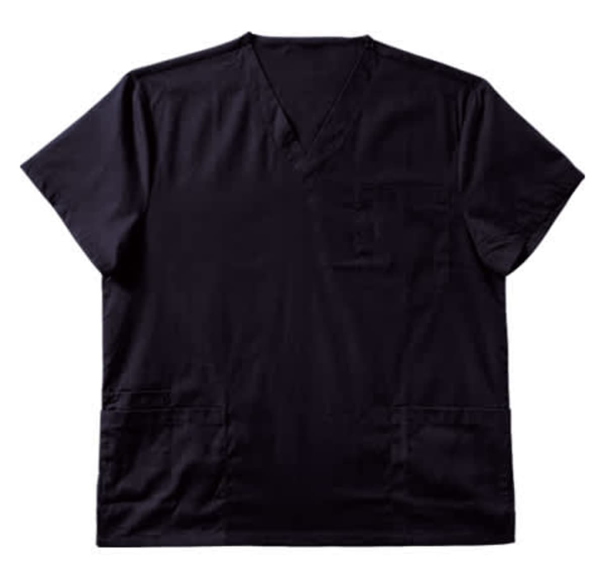 A men's scrub top in black, featuring a v-neck design and front pockets. Includes a logo on the fabric.