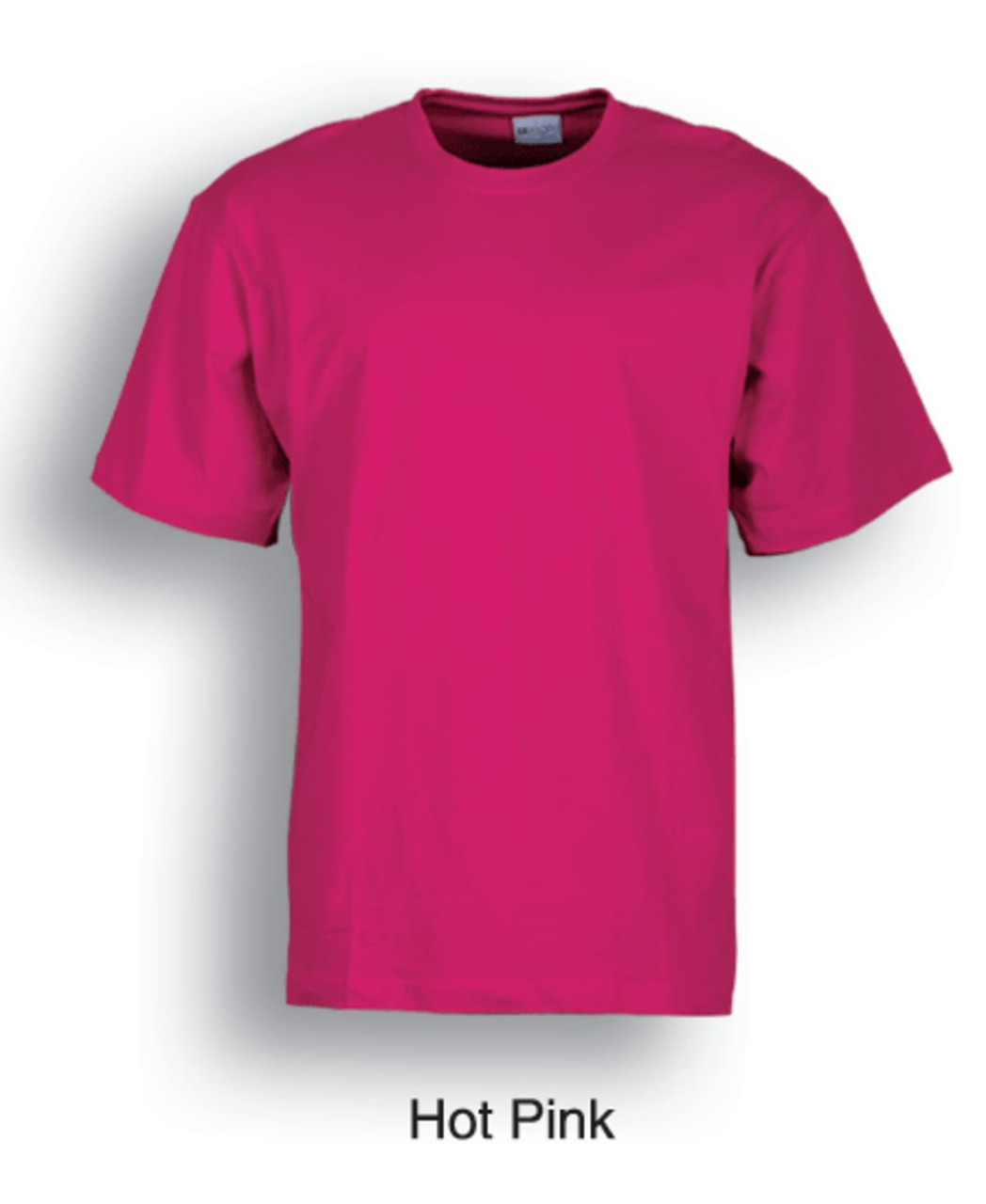 A hot pink plain cotton T-shirt with a crew neckline and short sleeves. It includes a logo.