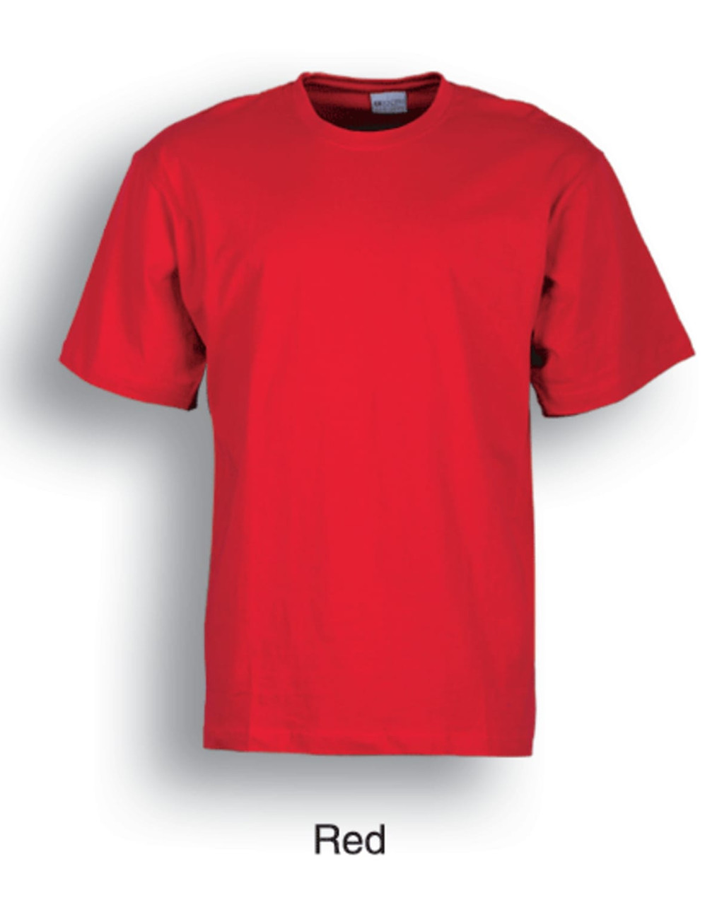 A red plain cotton T-shirt with short sleeves and a crew neckline, featuring a logo on the label.
