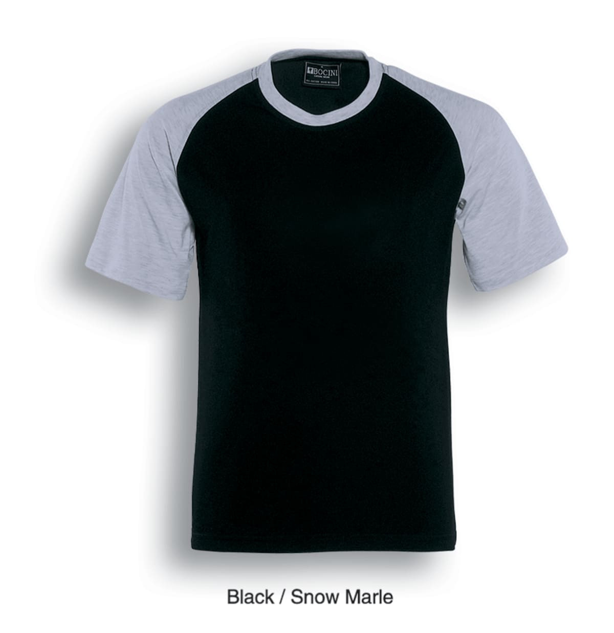 A unisex raglan sleeve tee shirt featuring black and snow marle colours. The shirt has a logo on the label.