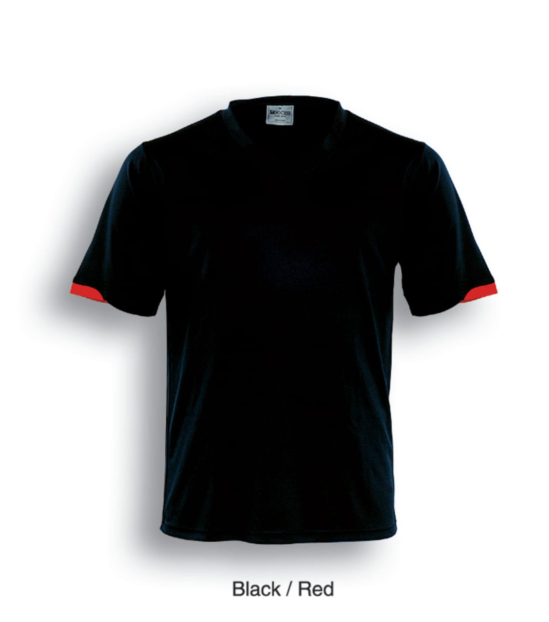 A black football jersey with red accents on the sleeves, featuring a logo on the front.