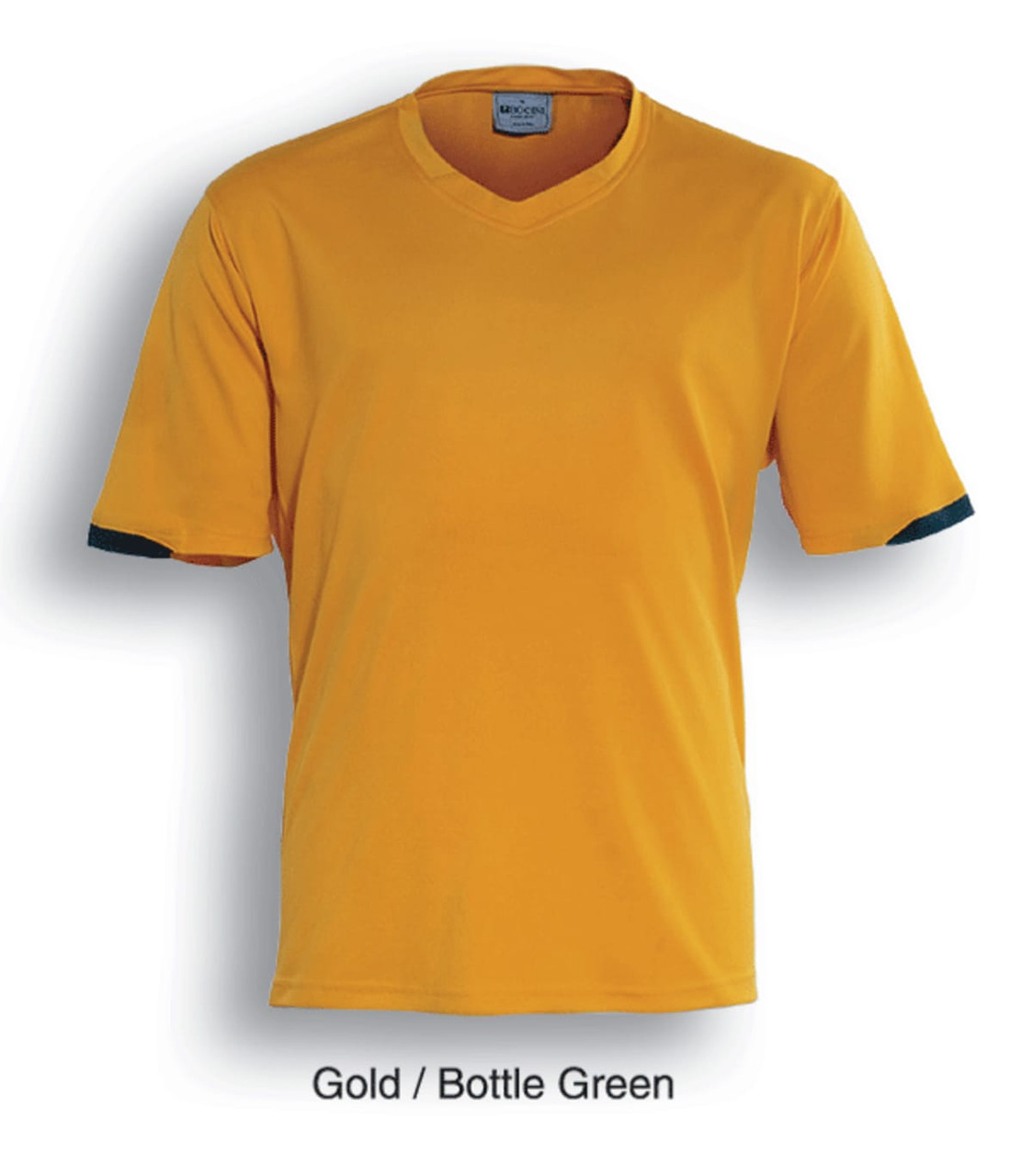 A gold and bottle green kids' football jersey featuring short sleeves and a V-neck design. Branding included.