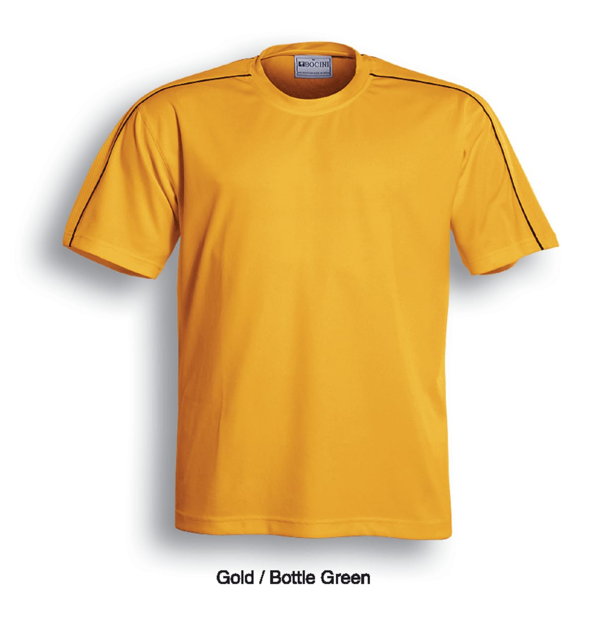 A unisex round neck tee shirt in gold with bottle green accents and a logo. Features short sleeves.