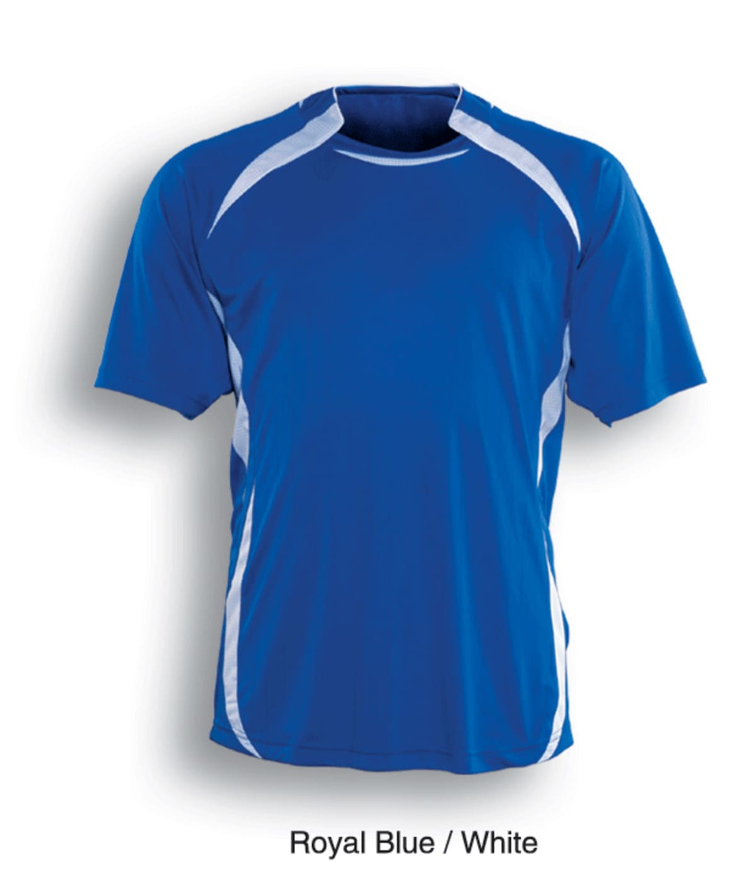 A royal blue and white unisex sports jersey featuring contrasting panels and a round neckline.