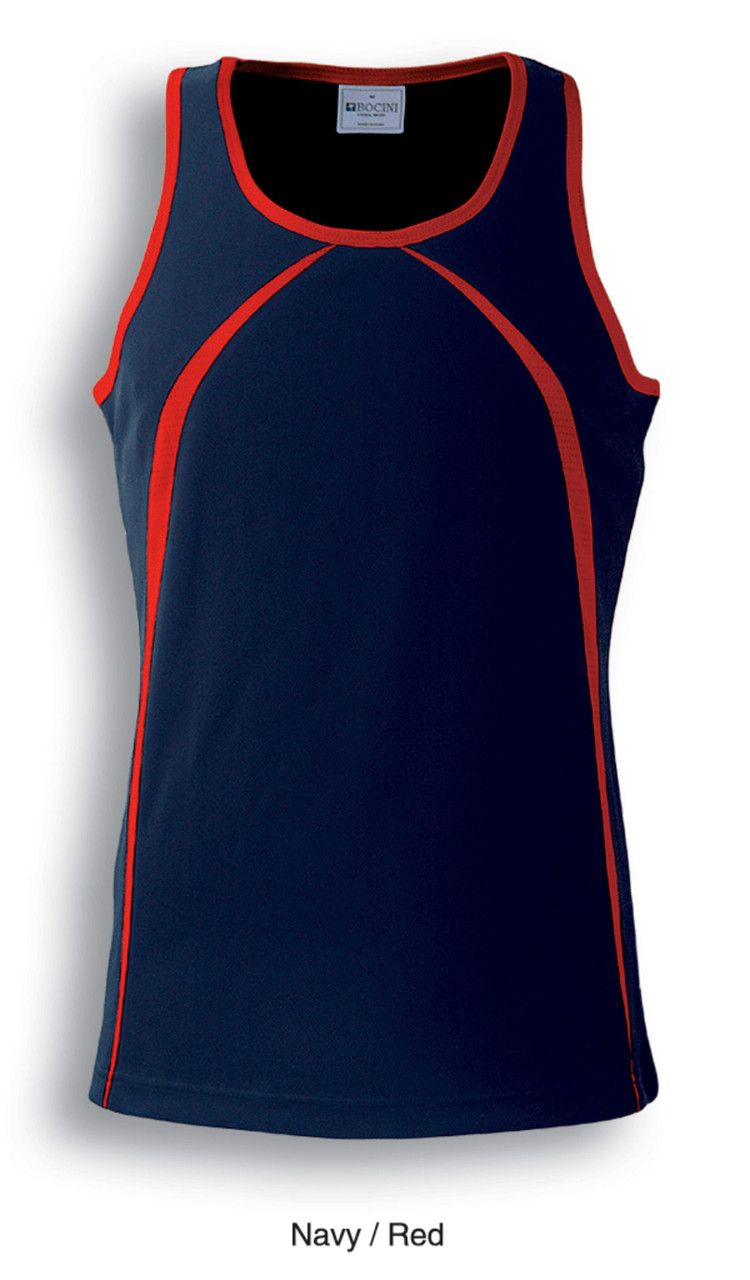 A navy singlet featuring red piping and a branding logo, designed for ladies.
