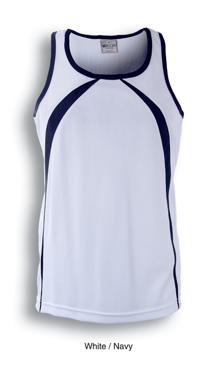 A white and navy men's singlet with a mesh design and a round neckline, featuring a branding logo.