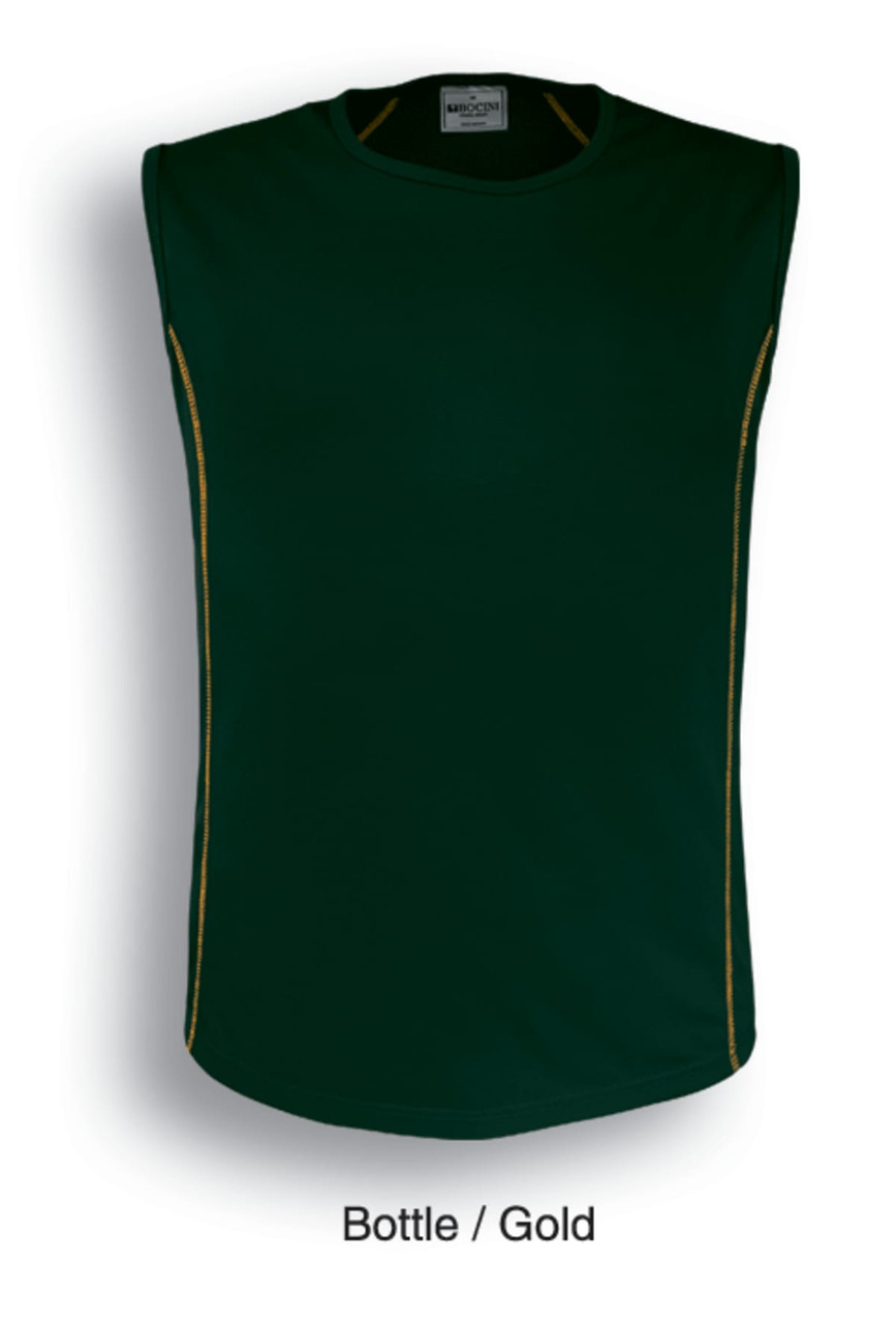 A sleeveless tank top in bottle green with gold detailing, featuring a logo.